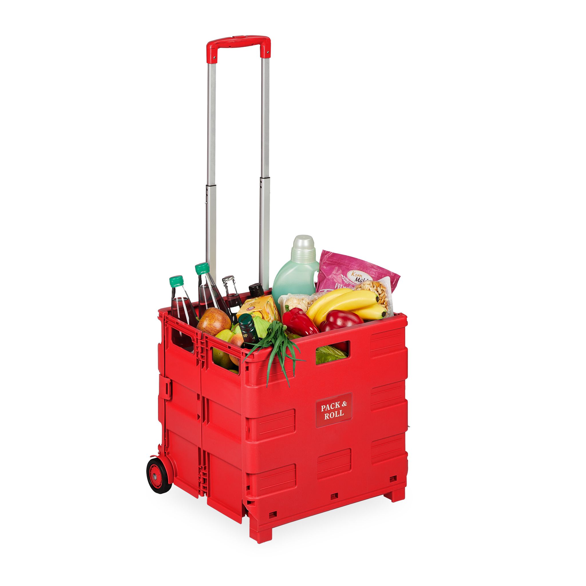 Relaxdays Shopping Trolley, Foldable, Up To 35 Kg, 50 L, With Telescopic Handle, Shopping Transport Cart, Red