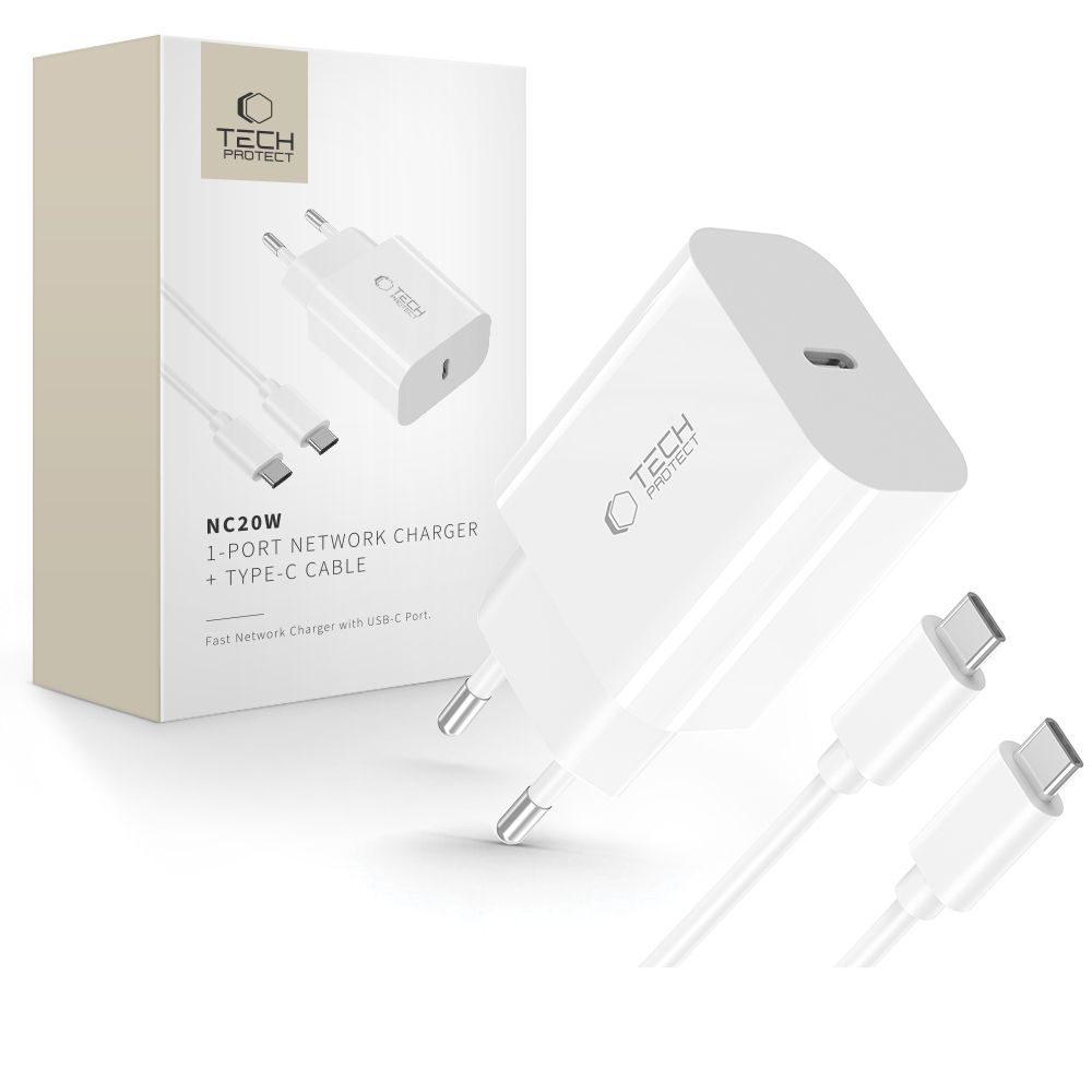 Oem Tech-Protect Nc20w 1-Port-Netzwerkladegerät Pd20w + Typ-C-Kabel Weiß