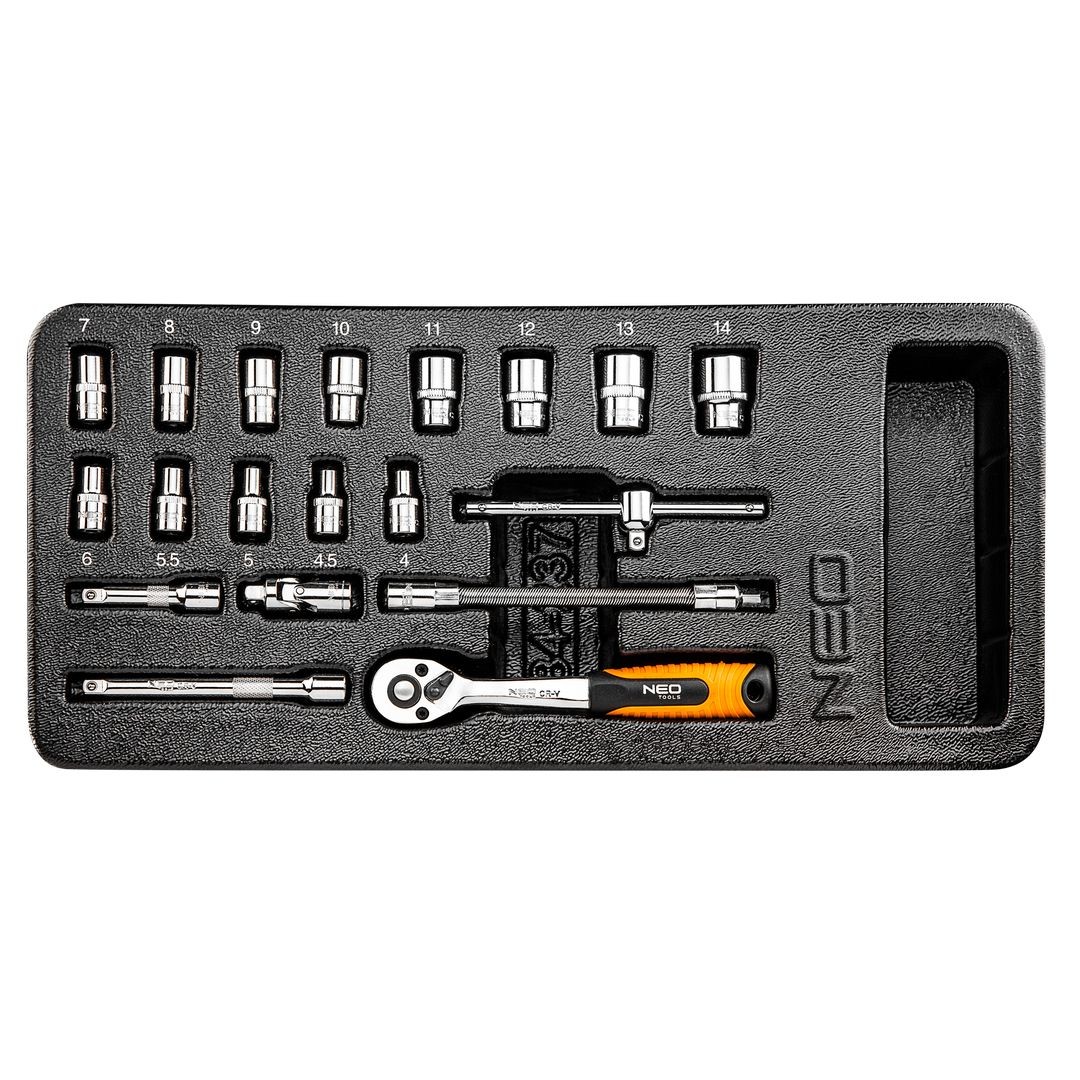 Neo Tools Schwarz 19 Tlg. Ratschenkasten-Set 1/4" 25 Jahre Garantie