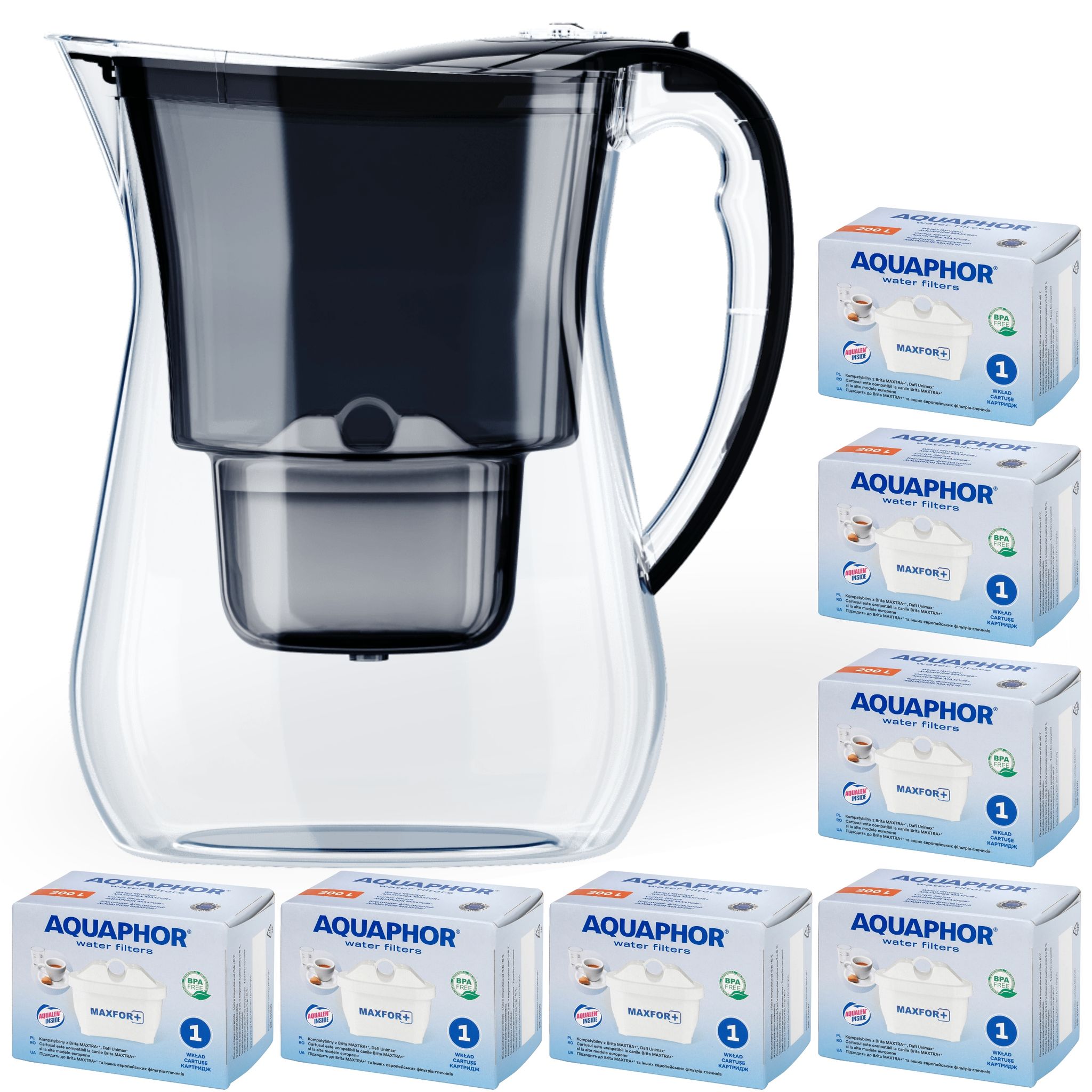Caraffa Filtrante Aquaphor Lago Nera Da 3,8 Litri, Con 7 Cartucce Maxfor+.
