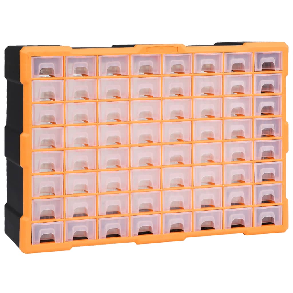 Organisateur à tiroirs 64 compartiments en PP, 52 x 16 x 37,5 cm, orange et noir