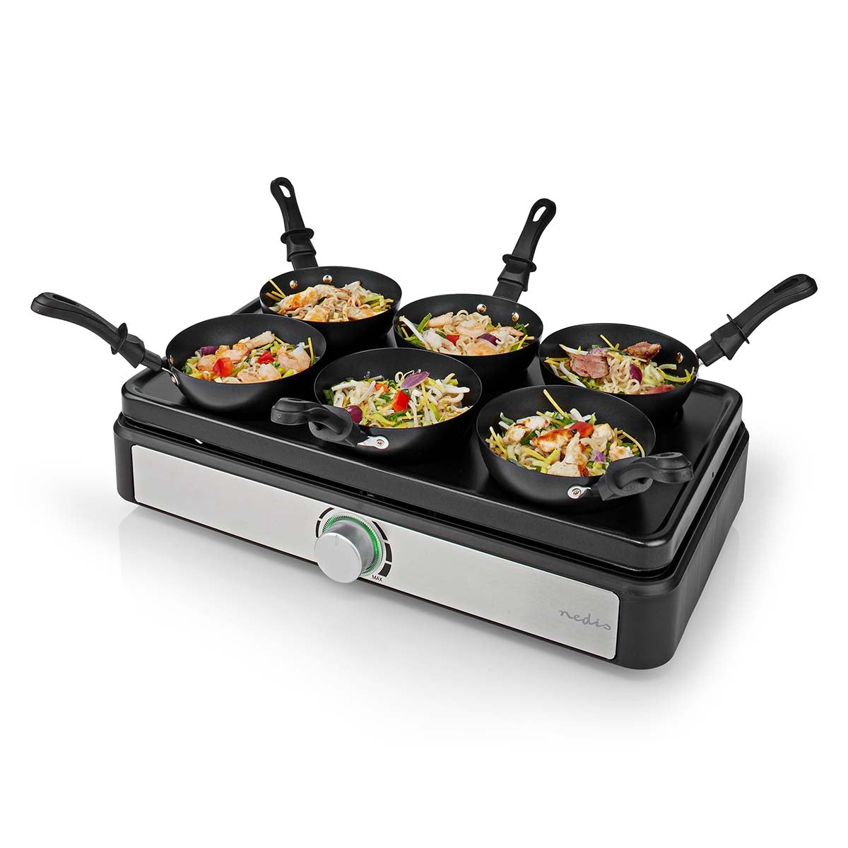Nedis Schwarz Party Wok Set Grill 6 Personen Spatel Temperatureinstellung Antihaftbeschichtung Rechteckig