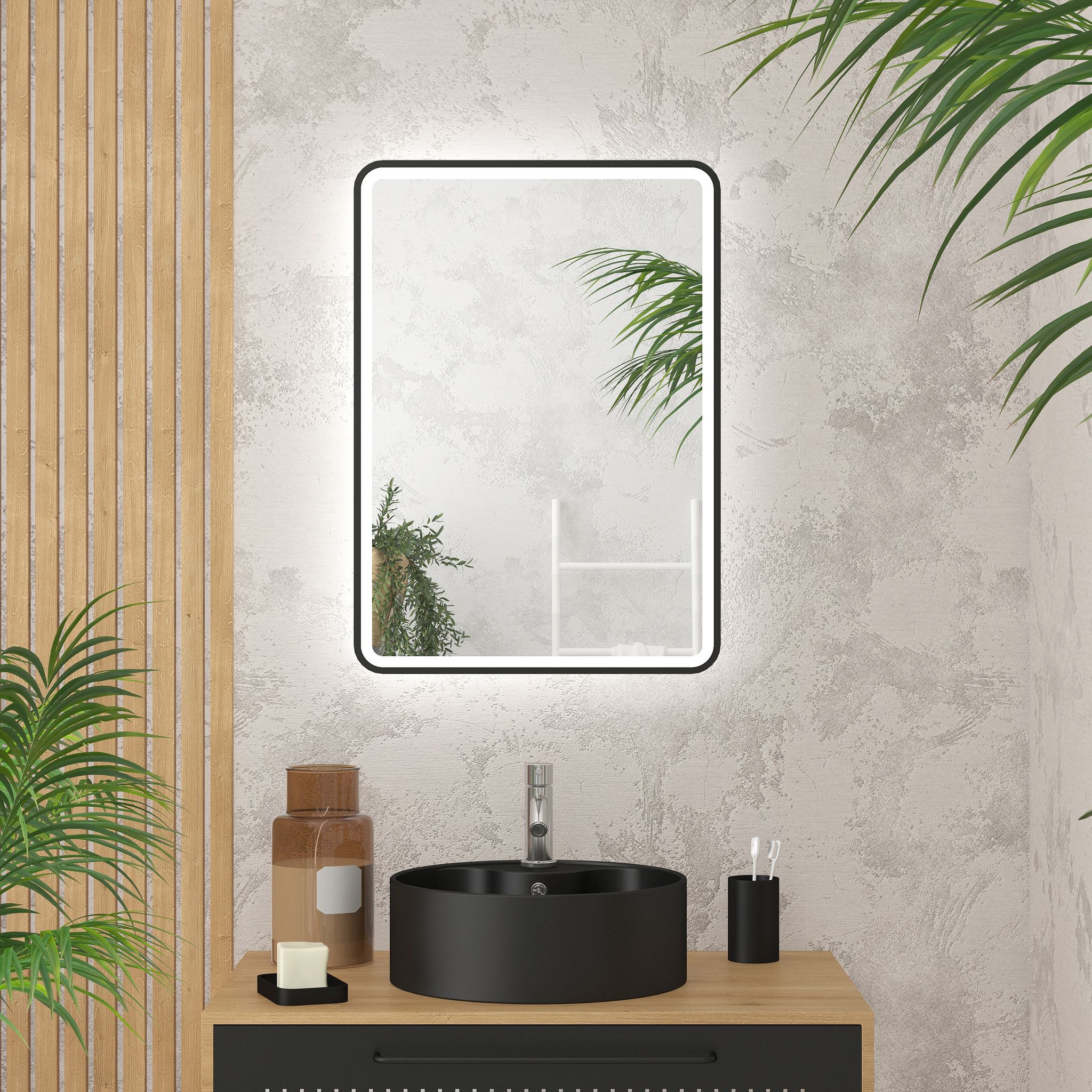 Aurlane - Miroir Salle De Bain Avec Eclairage Led Et Contour Noir