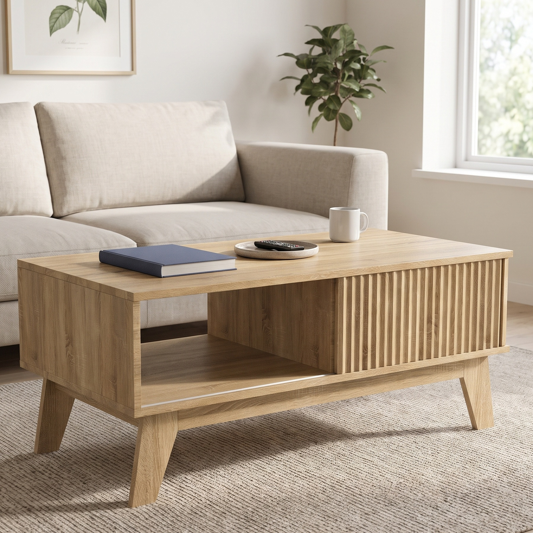 Table Basse Fixe 95x41x48 Cm Avec Porte Coulissante Et Rangements