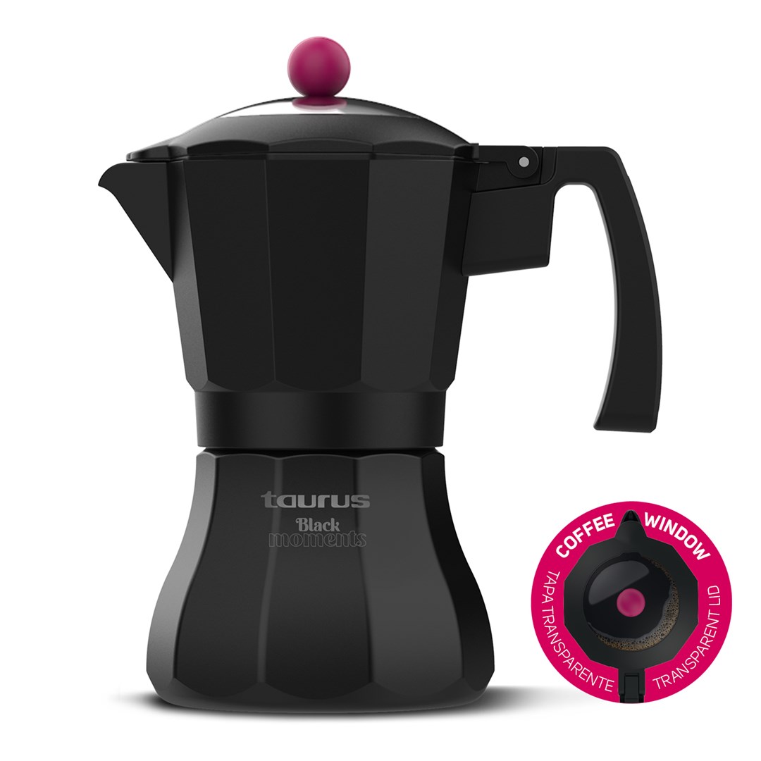 Taurus Schwarz - Black Moments 6 - Italienische Kaffeemaschine, 6 Tassen, Sockel Und Filter De Edelstahl, Sicherheitsventil De, Sicherheitsdeckel Aus Silikon, Für Alle Brenner, Transparenter Deckel,