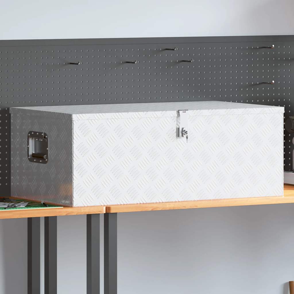 Boîte de rangement en aluminium argentée avec verrouillage et 2 clés, 100 x 55 x 37 cm