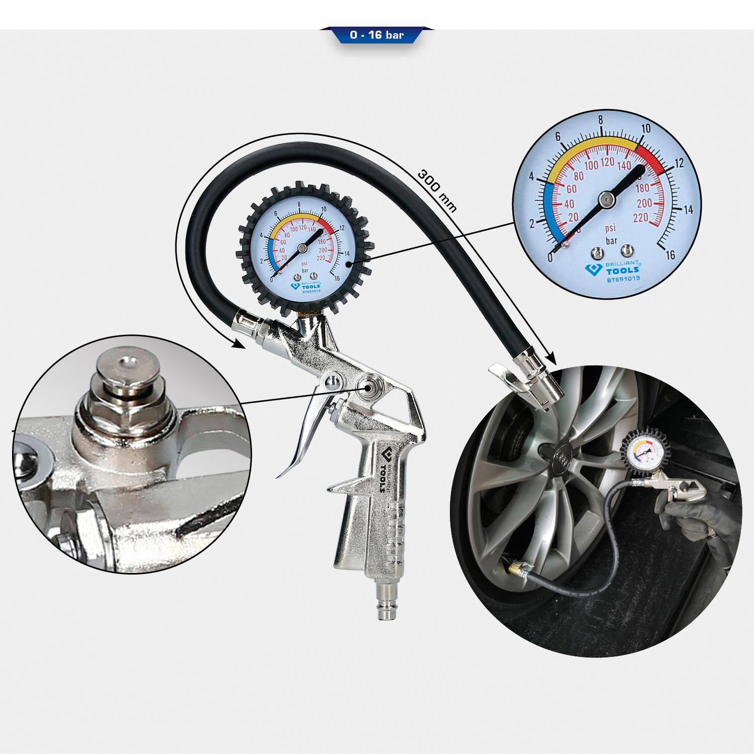 Brilliant Tools BT691019 Tyre Inflator 0-16 bar PSI/bar Gauge Rubb...