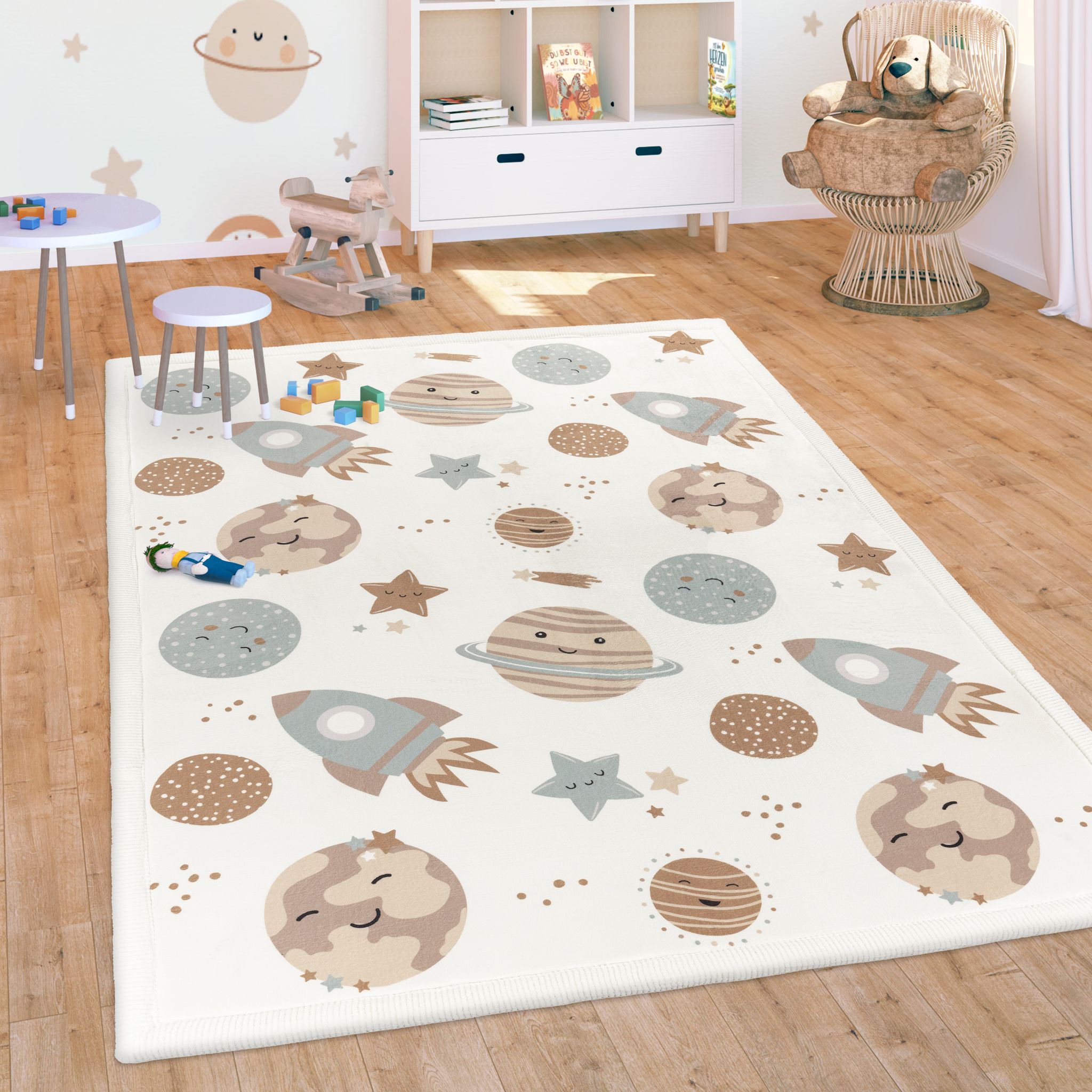 Paco Home Teppich Kinderzimmer Spielmatte Waschbar Rutschfest Regenbogen Planet Tiere Soft 140x200 Cm, Bunt 3