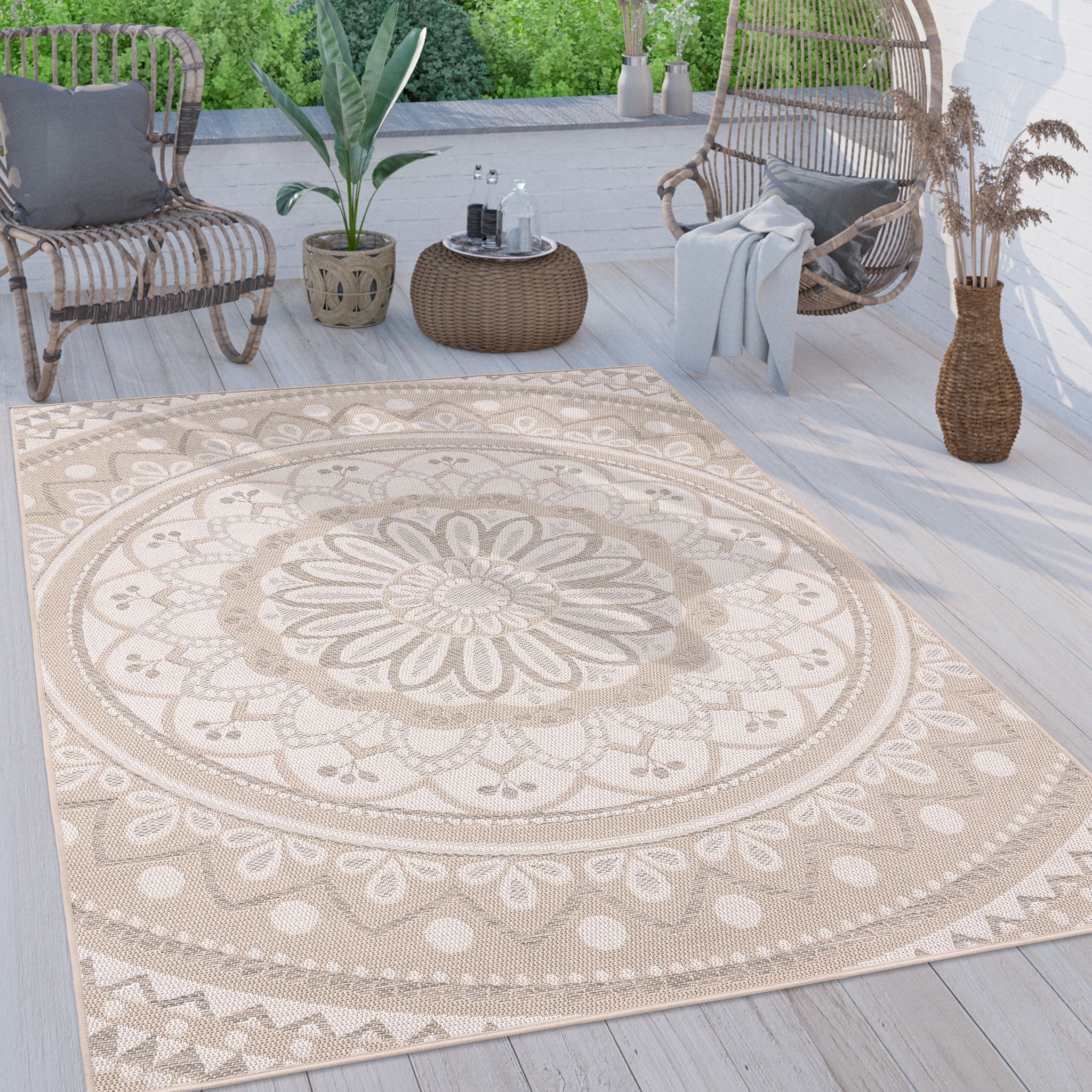 Paco Home Outdoor Teppich Wetterfest & Robust Mandala Boho Design Pflegeleicht Flachgewebt 80x250 Cm, Sand