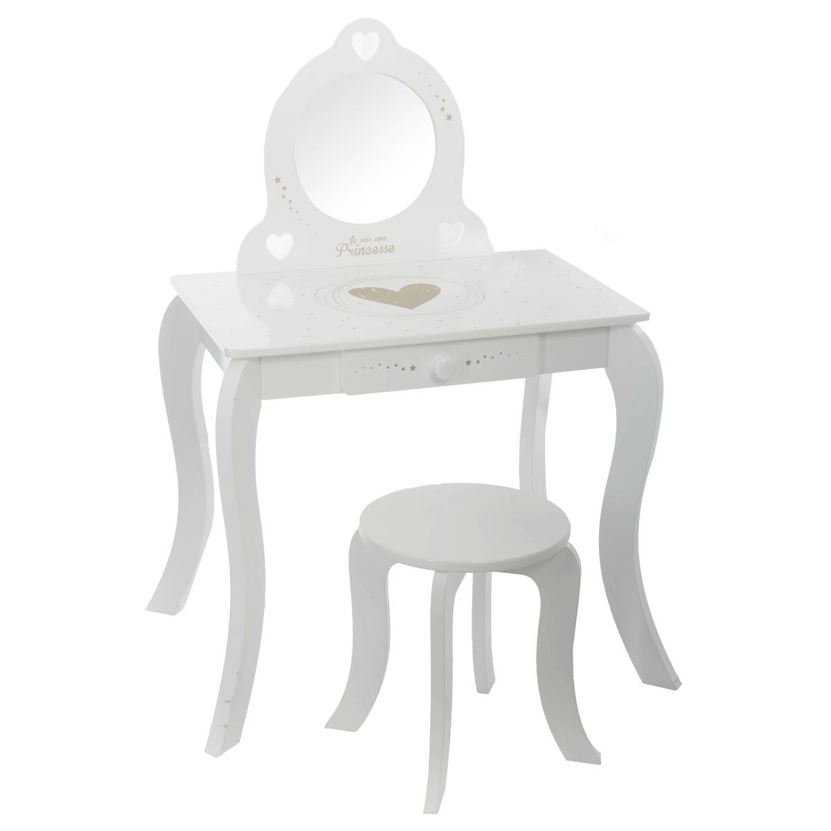 Factory Cuadros - Tocador Princess con Taburete Estampado Blanco - Maquillaje Infantil - Almacenamiento Conveniente