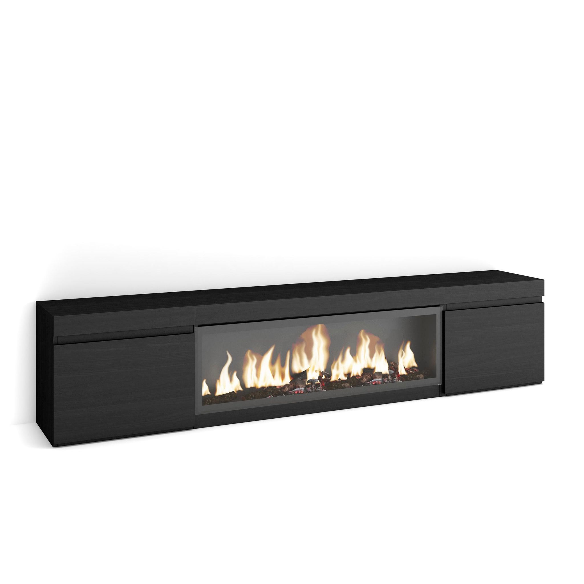 Skraut Home - Meuble Tv, Banc Télé, Grand Espace De Rangement, 210, Pour Les Tv Jusqu'à 80', Cheminée Électrique Xxl, Style Moderne, Noir