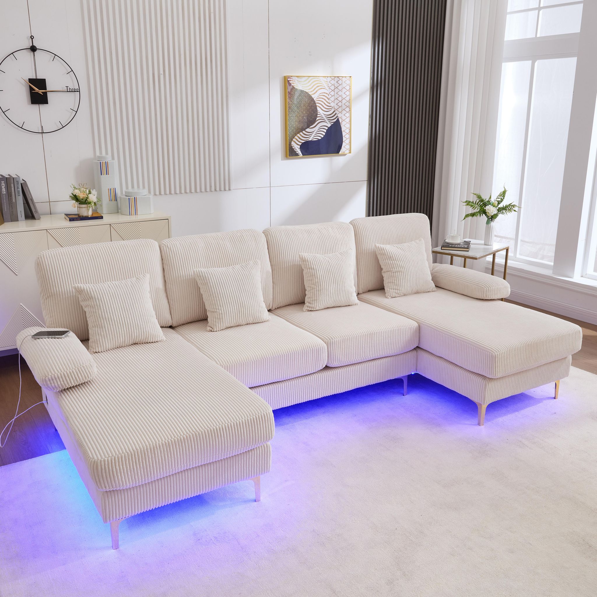 Neche - Canapé Moderne En U Avec Éclairage Led Et Usb-c,tissu En