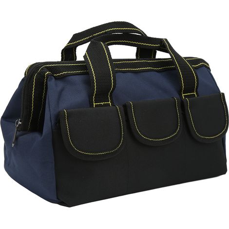 Sac à outils 13 pouces en toile Oxford imperméable, large ouverture, bleu et noir