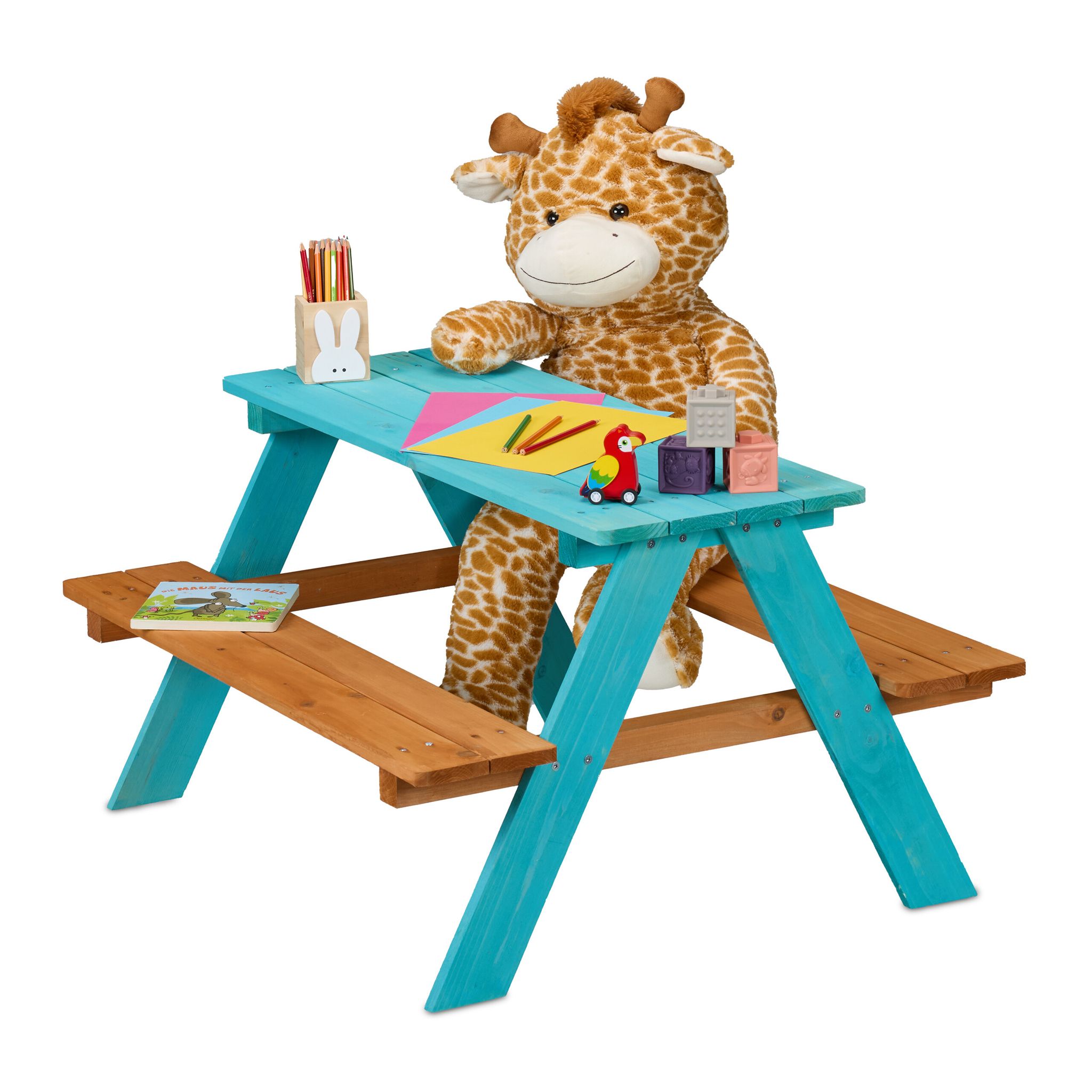 Relaxdays Children's Picnic Table, Garden Bench For Kids, Hwd, 51 X 90 X 78 Cm, Seating For 4 Kids, Wood, Blue/brown