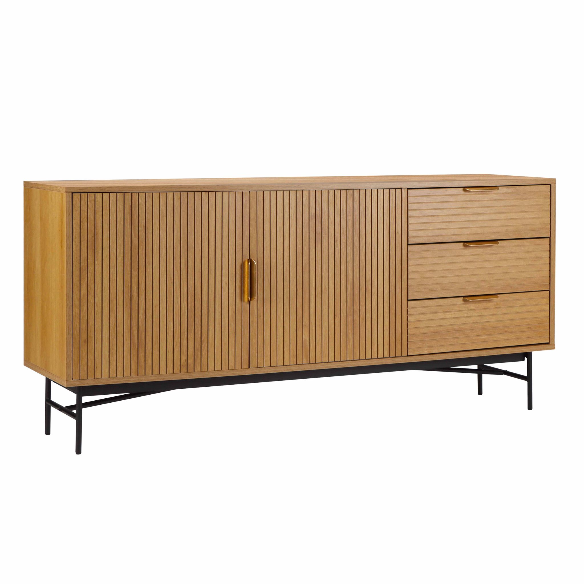 Oviala - Buffet 2 Portes Et 3 Tiroirs En Mélaminé Et Acier 160 Cm Beige