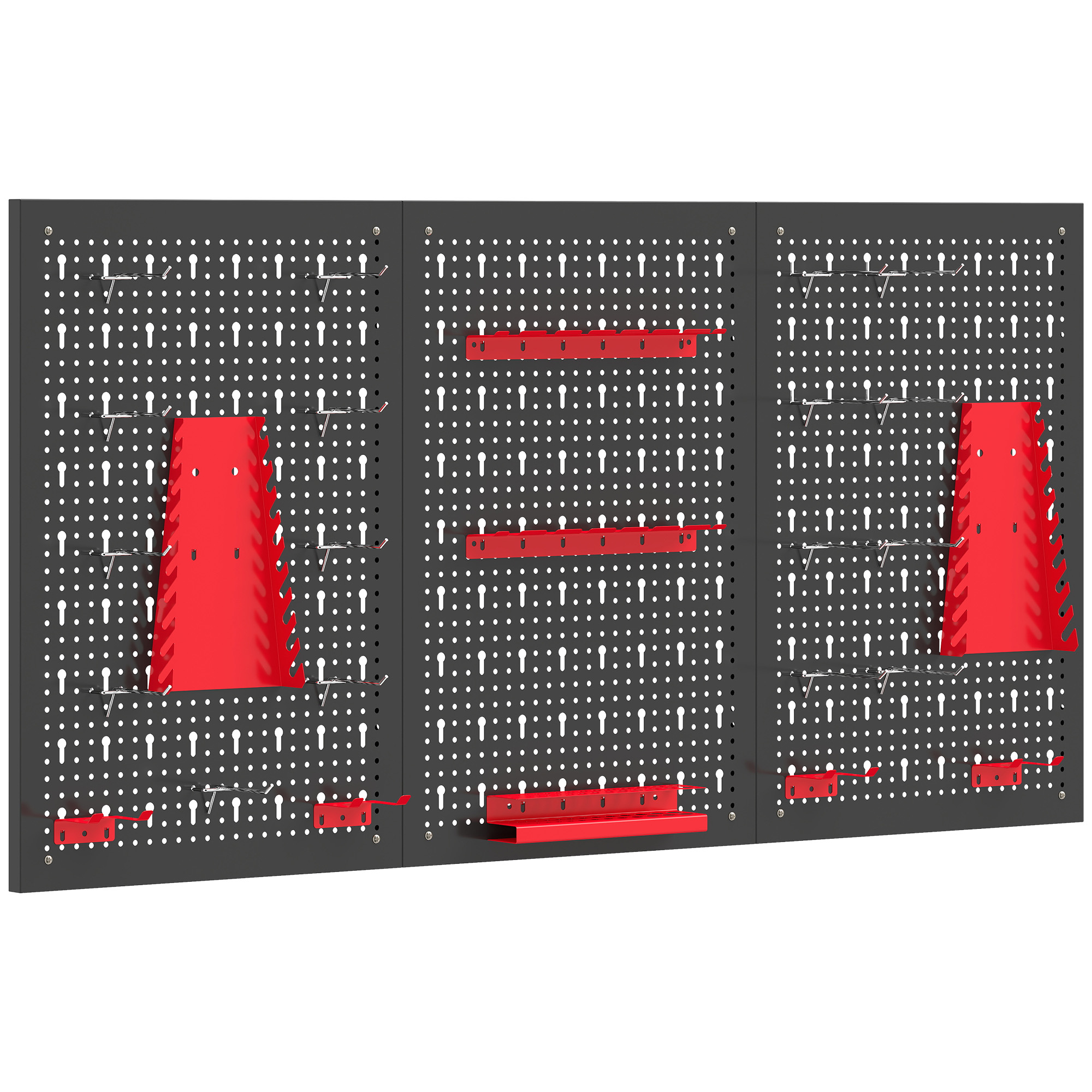 Panneau perforé mural 60 x 40 cm en acier, lot de 3 tableaux ajourés avec 16 crochets, noir et rouge
