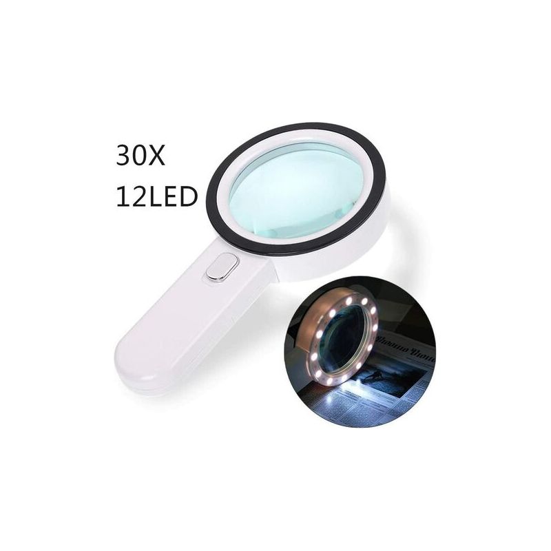 Loupe de poche grossissante 30x avec 12 LED, lentille double couche 3,15 pouces, poignée ergonomique