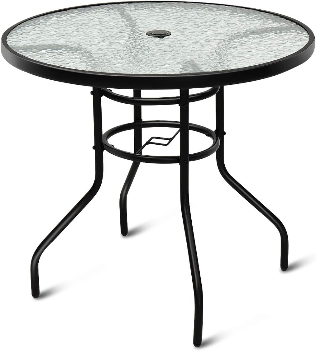 Costway - Table De Jardin Ronde En Verre Trempé Plateau Ø 80 Cm Avec