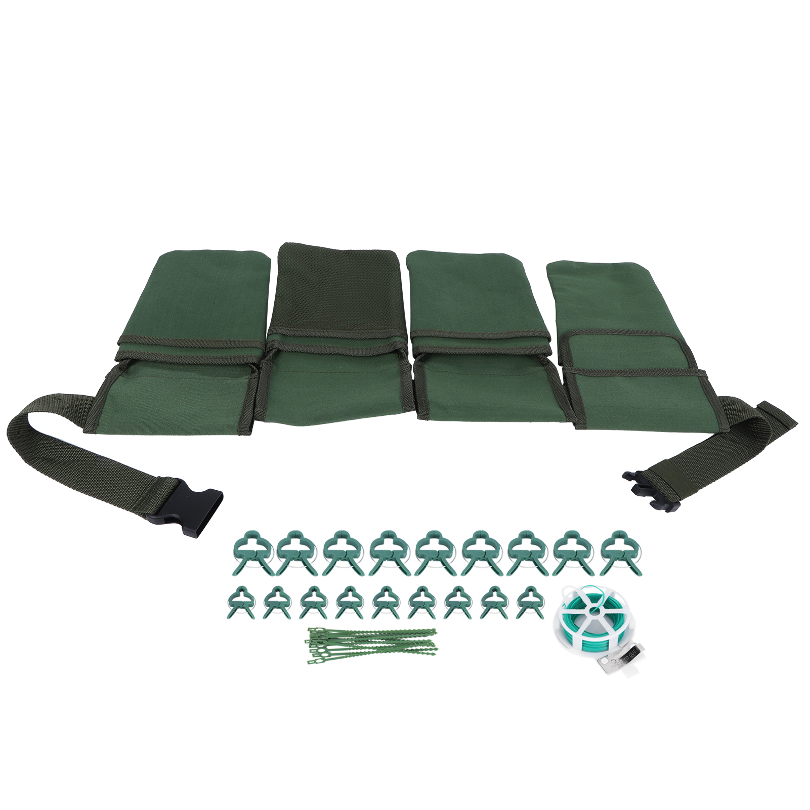 Ceinture porte-outils de jardinage en toile imperméable, 4 poches, vert, avec 12 attaches et 18 pinces à plantes