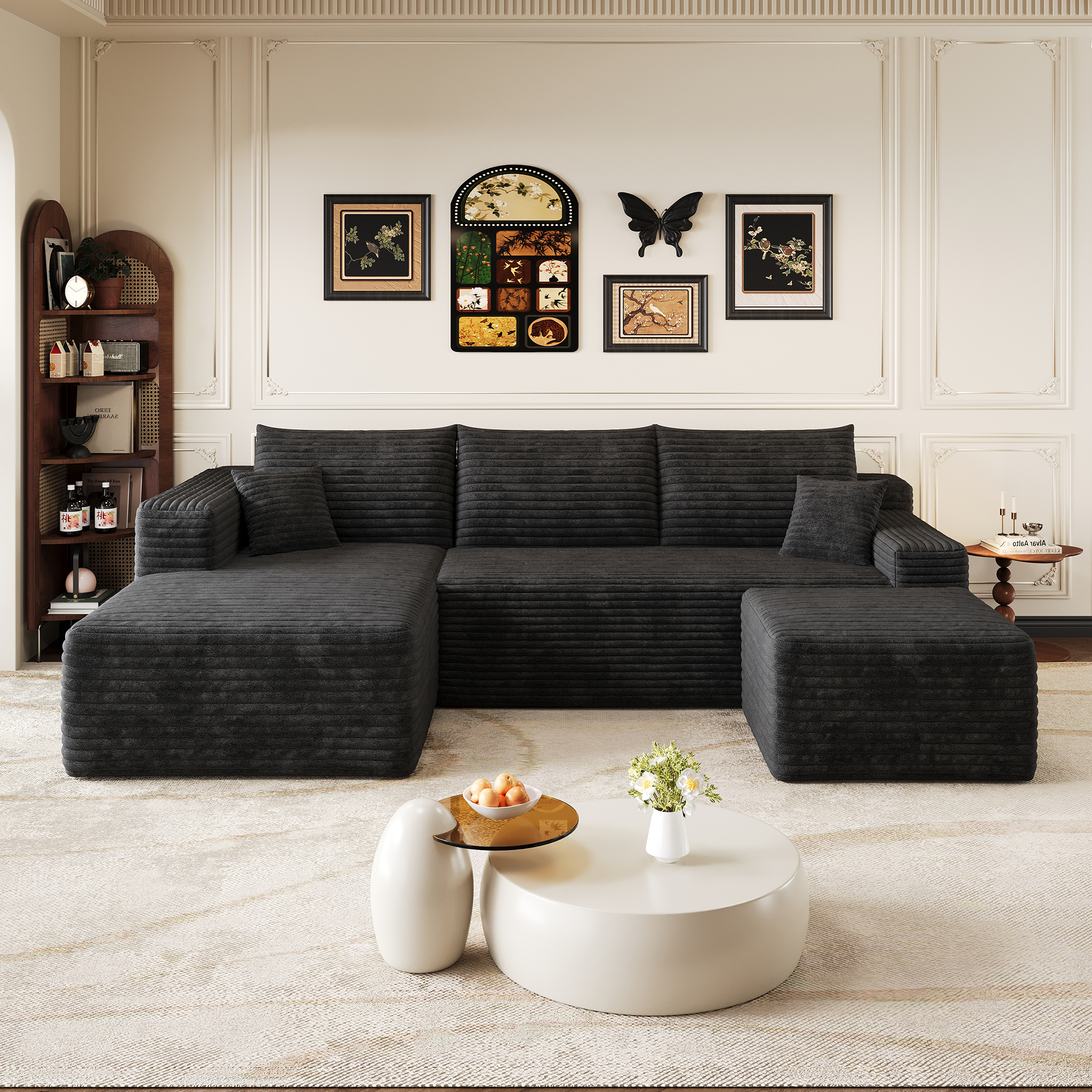 Canapé D'Angle U 3 Places En Velours Côtelé,chaise Longue Gauche + Pouf,sans Assemblage,compressé,241x151x58cm,noir