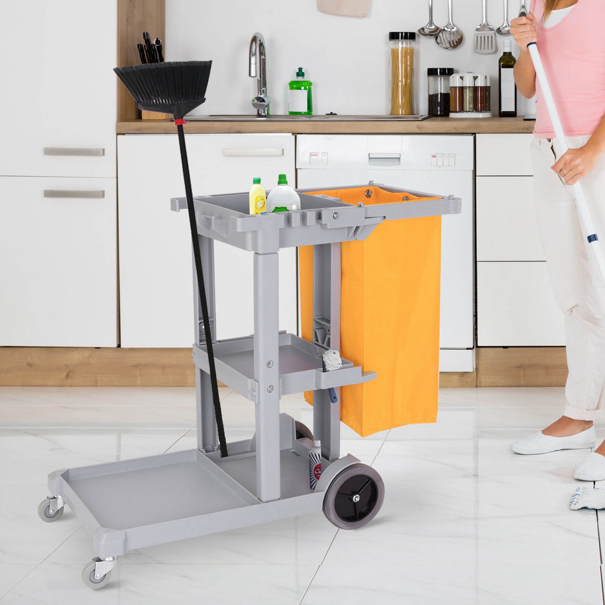 Chariot de nettoyage professionnel Yumi avec sac de 90 L, 3 plateaux et plateforme, 121 x 50,5 x 96,5 cm, gris et jaune