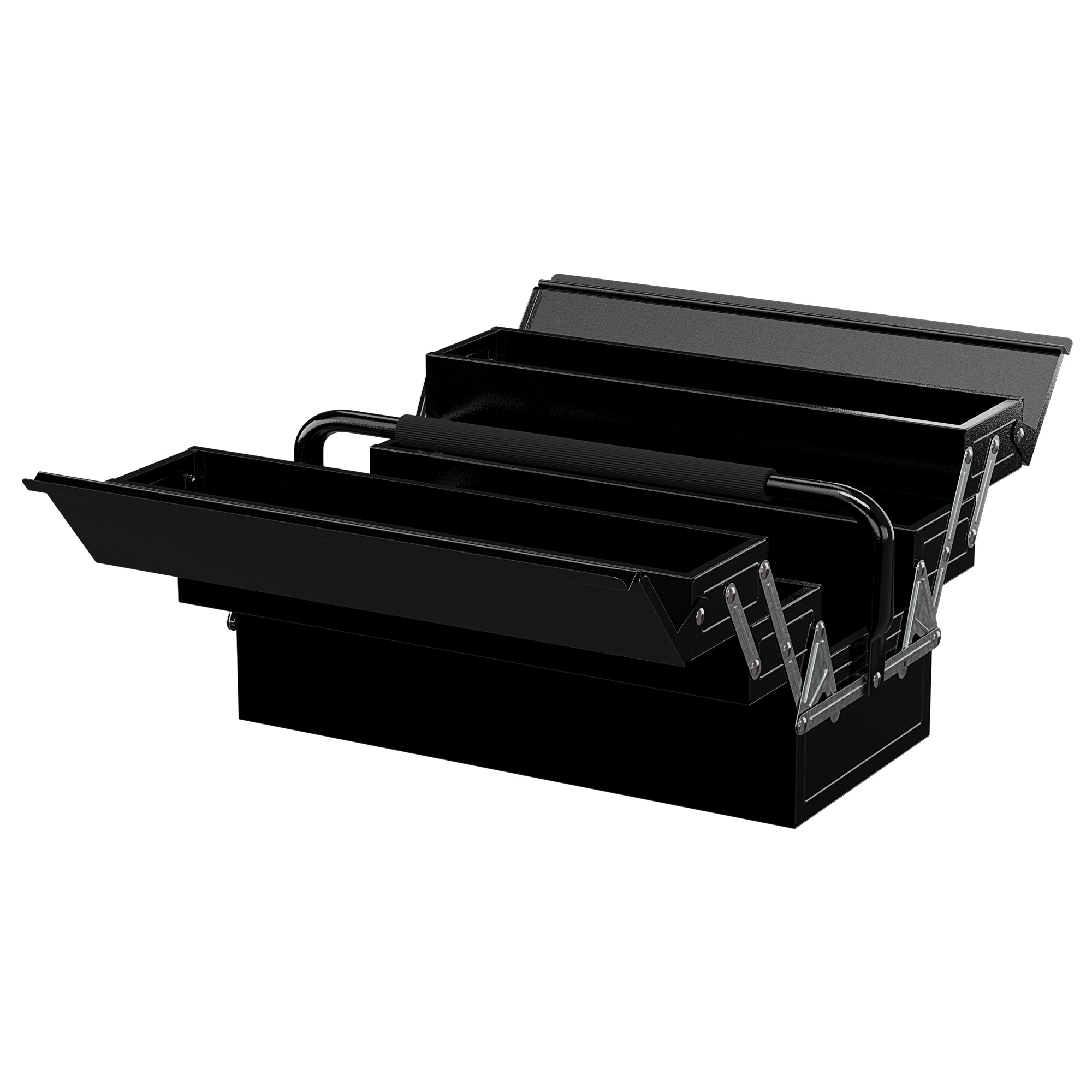 Boîte à outils métallique 3 niveaux, 5 plateaux rétractables, tôle d'acier noir