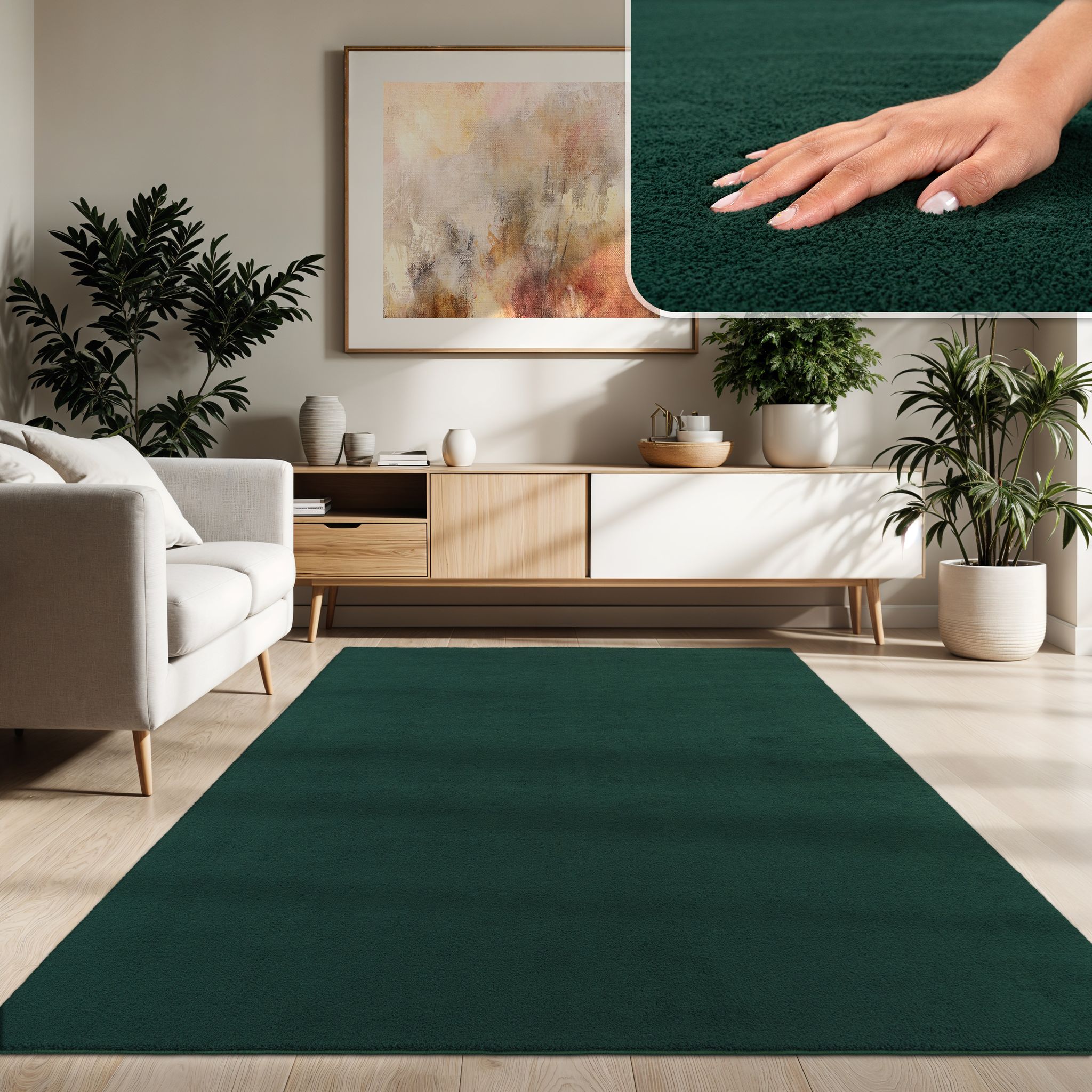 Paco Home Moderner Wohnzimmer Teppich Kurzflor Waschbar Weich Einfarbig Felloptik Anti-rutsch Grün, 200 Cm Quadrat