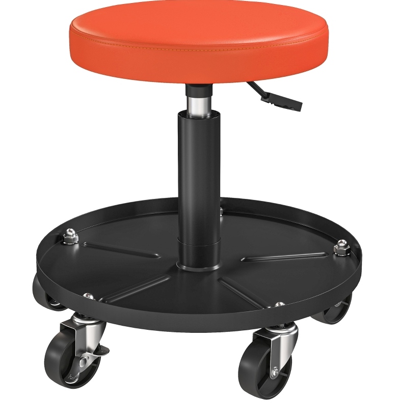 Tabouret d'atelier roulant réglable en hauteur 38-50 cm, assise pivotante rembourrée, plateau de rangement, 135 kg