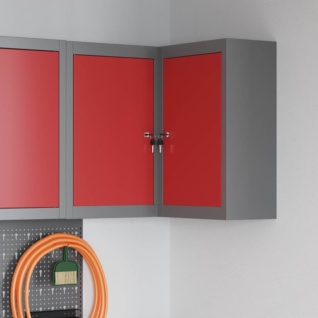 Armoire à outils en acier et bois d'ingénierie, 2 étagères réglables, 55 x 55 x 55 cm, rouge et gris