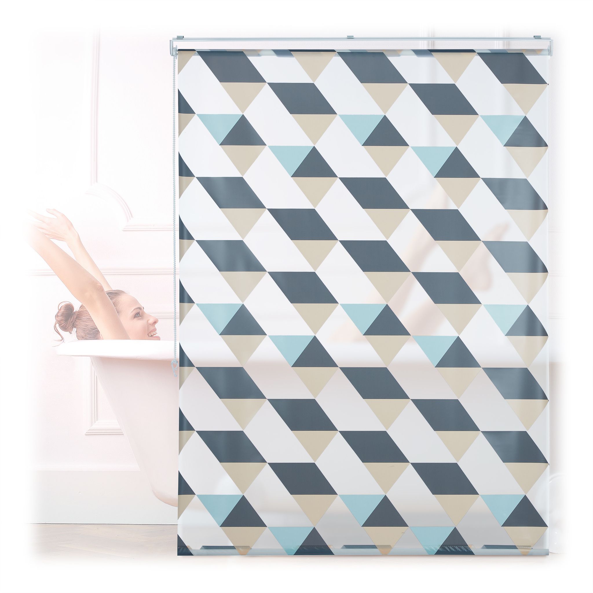 Tenda Da Doccia, 120x240, Design Triangoli Moderno, Rullo Flessibile, Vasca Da Bagno & Finestra, Multicolore - Relaxdays