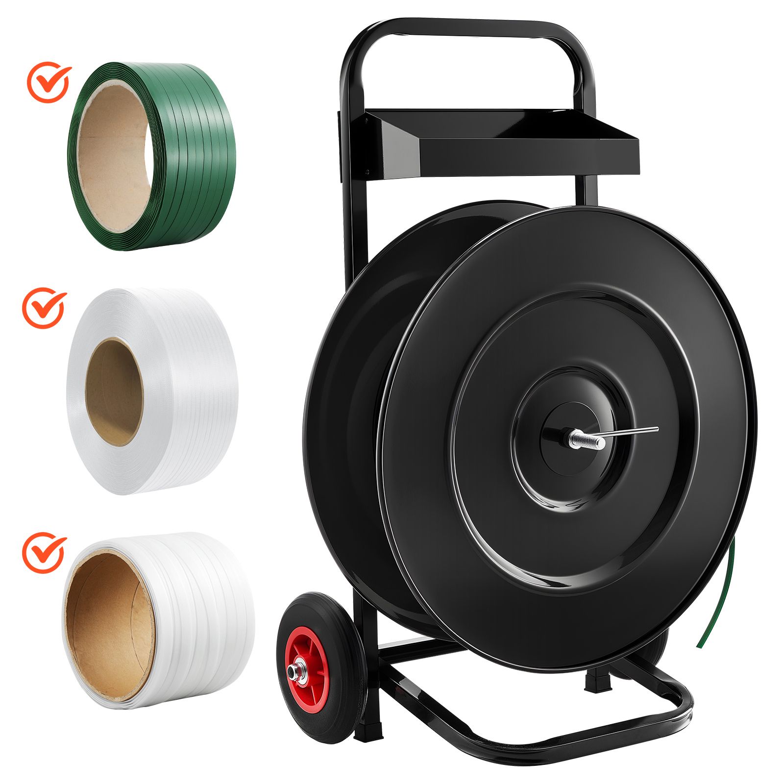 Chariot dérouleur pour cerclage PET/PP/polyester, frein renforcé, plateau à outils, 110 lb