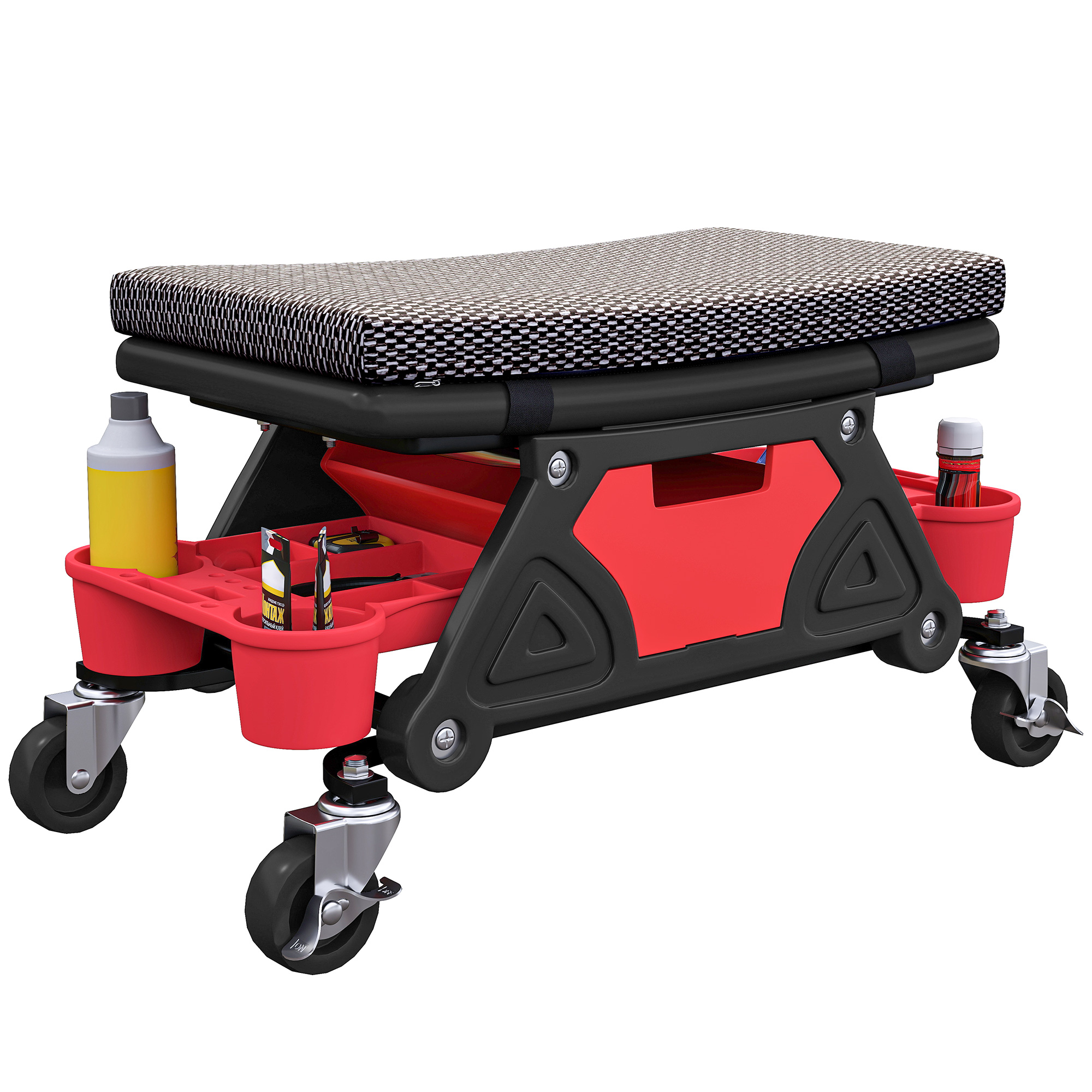 Tabouret D'Atelier Mobile - Tabouret De Mécanicien - Coussin Intégré, 3 Plateaux Outils - Noir Rouge