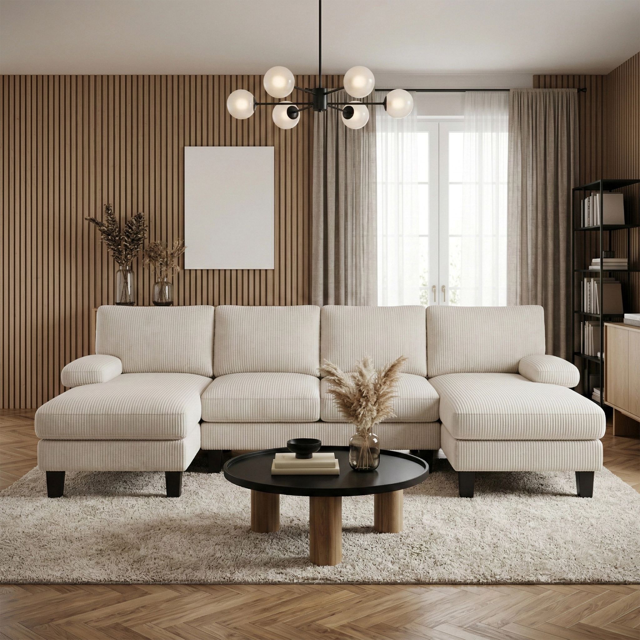 Ecksofa U-förmiges Bealife 4-sitzer Cordsofa Mit 2 Chaiselongues, 2 Armlehnenkissen Und 4 Rückenkissen Holz-metall-rahmen Für Das Wohnzimmer 271 X