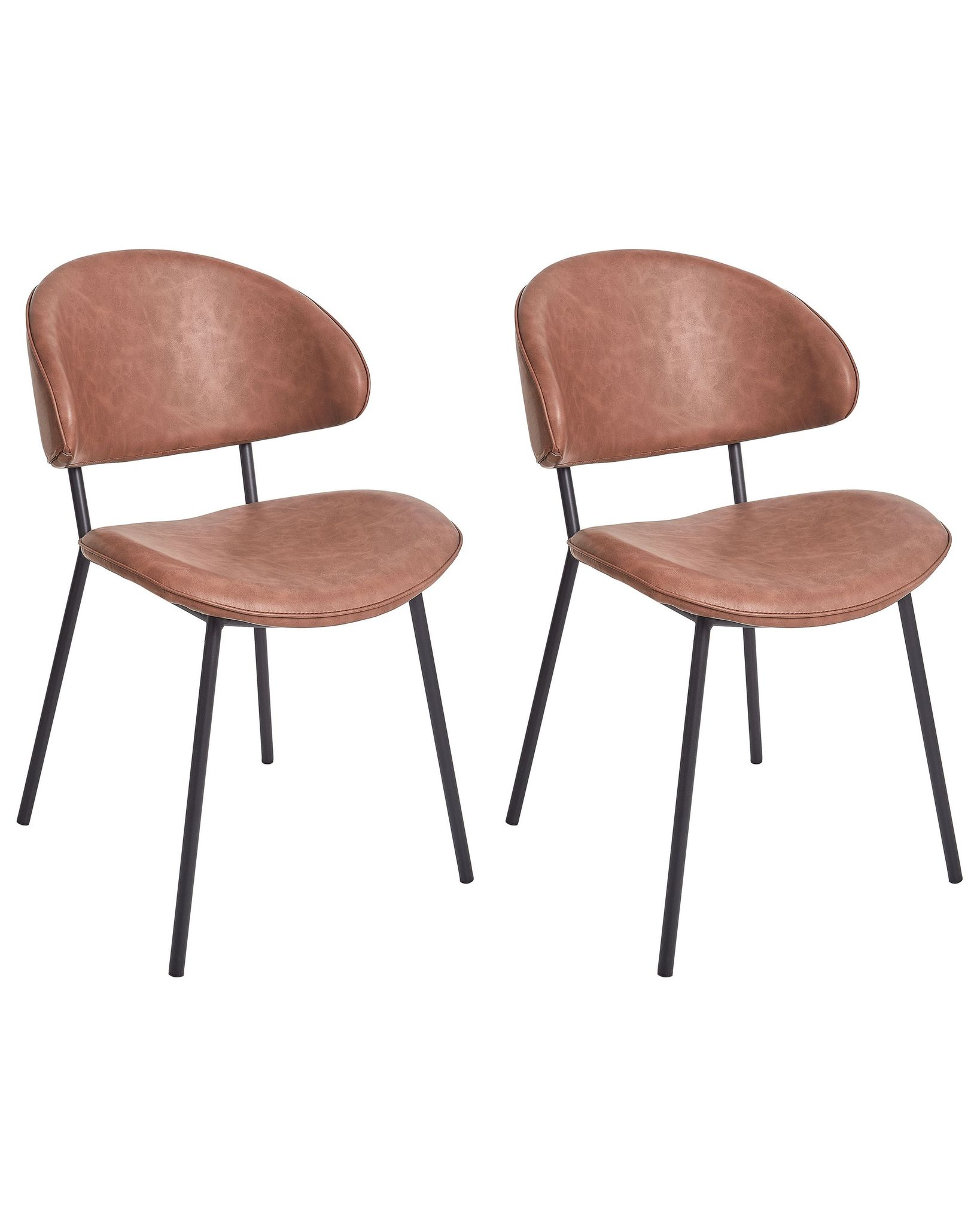 Beliani Set Of 2 Modern Dining Chairs Faux Leather Upholstered Seat Armless Curved Back Black Legs Brown Kiana