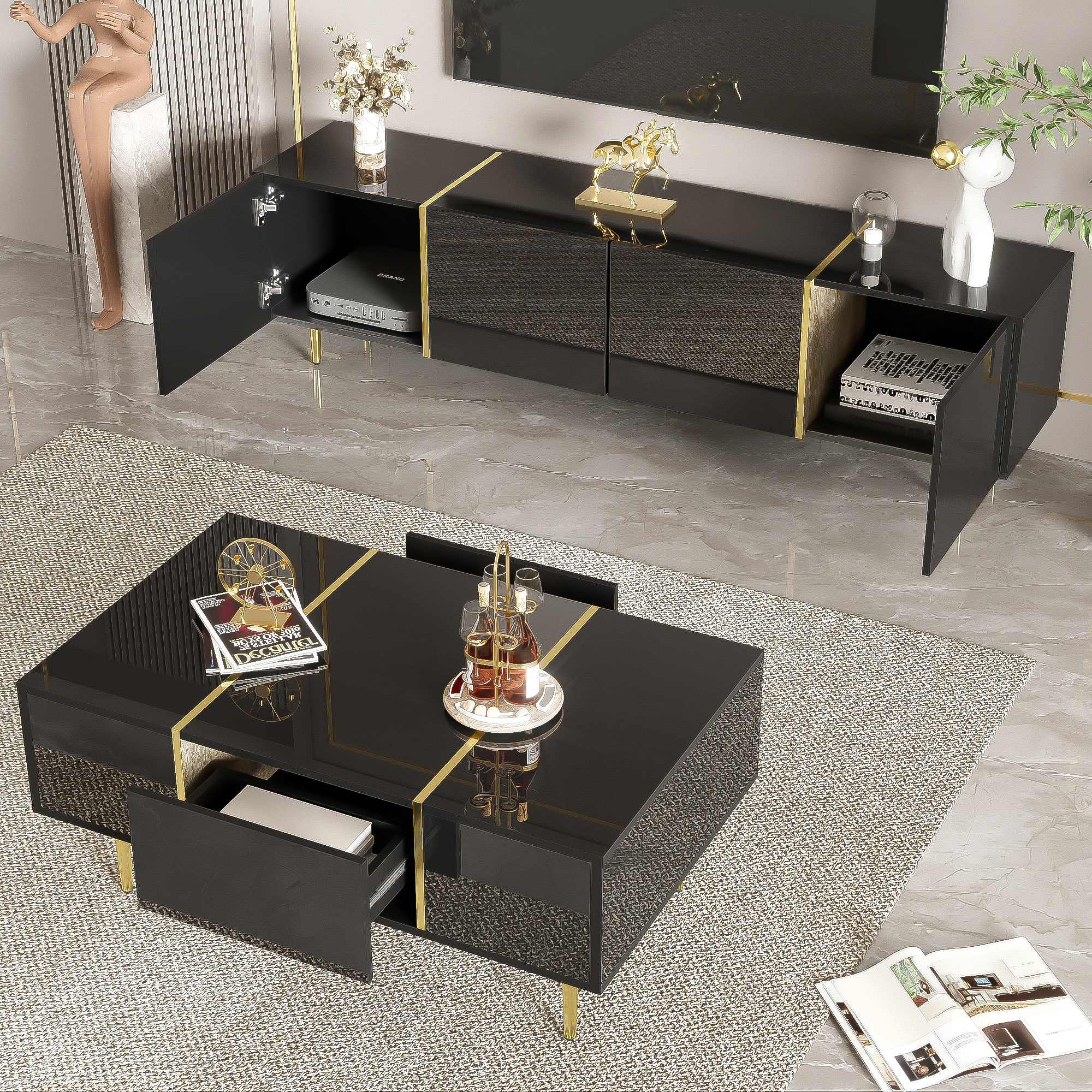 Stilvora Wohnzimmerset Mit 1 Tv-schrank Und 1 Couchtisch, Hochglanz-oberfläche Mit Soft-close Und Stauraum, Mdf, Schwarz