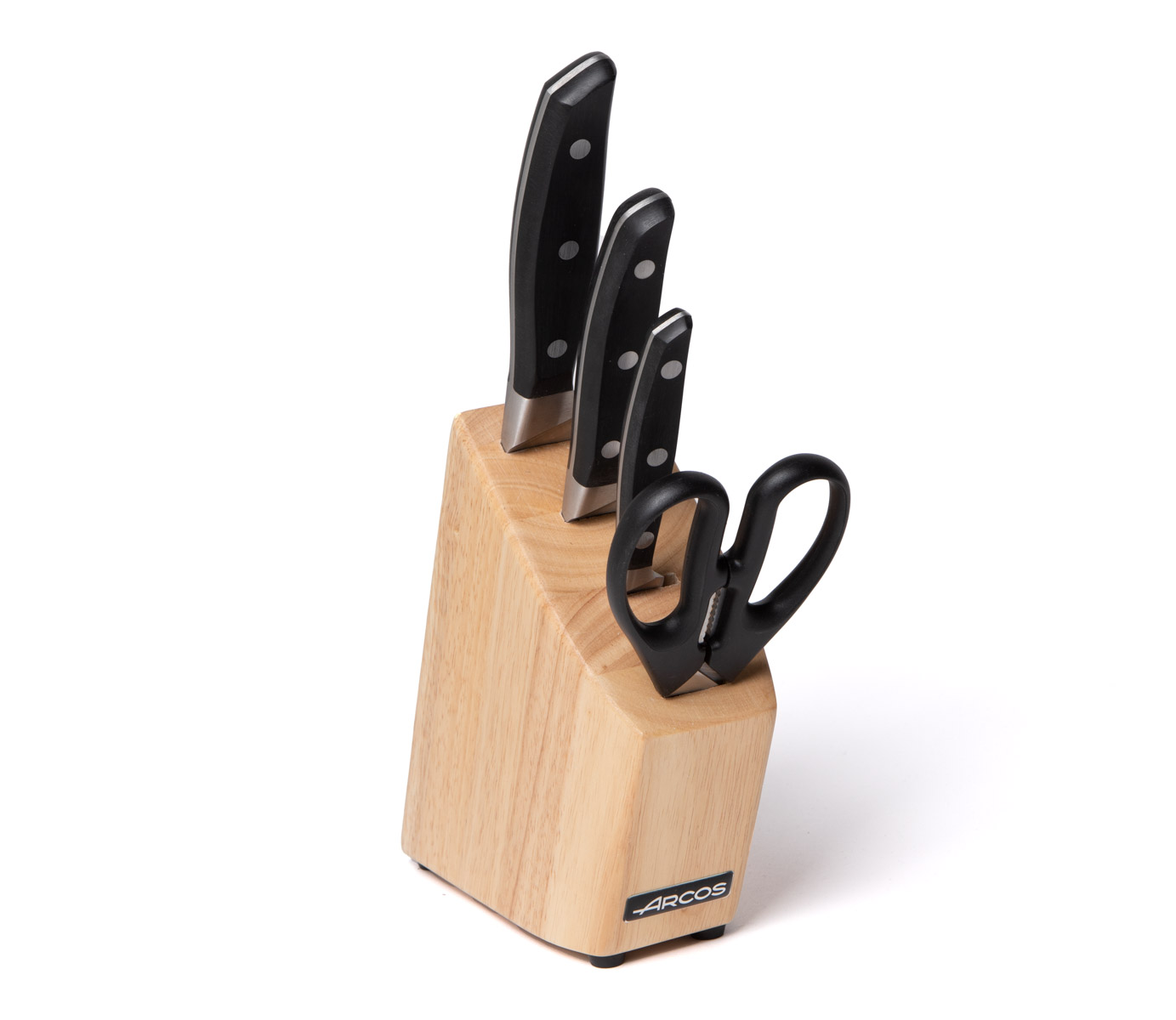 Arcos Schwarz Manhattan Set - Bestehend Aus Einer Küchenschere Und Drei Messern Aus Der Manhattan-Serie: Schälmesser, Kochmesser Und Rocking Santoku. Alles Ist In Einem Gummierten Holzblock Untergebracht.