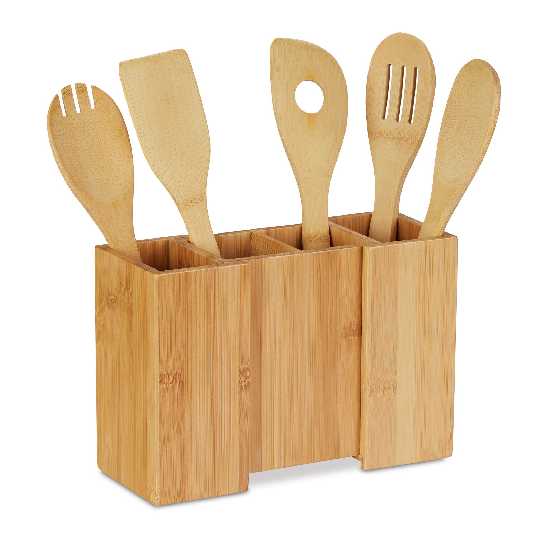Portaposate Da Cucina In Bambù, 5 Cucchiai In Legno, Portautensili Allungabile, Hxlxp: 17x25x10 Cm, Naturale - Relaxdays