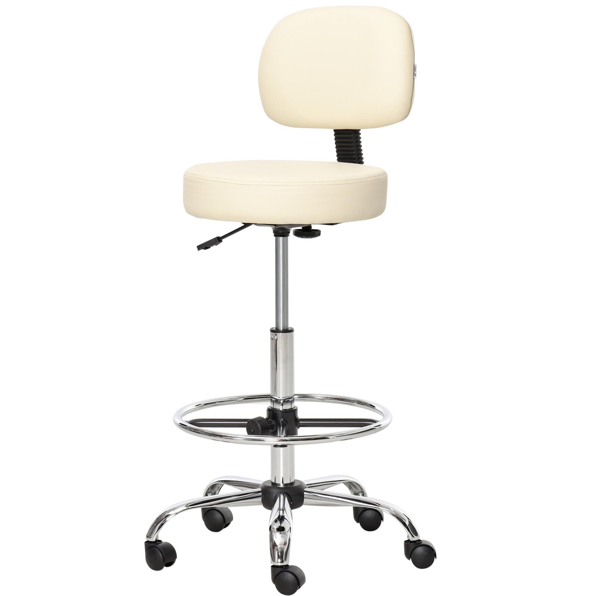 Homcom - Barhocker Drehstuhl Höheverstellbarer Barstuhl Mit Rollen Aus Kunstleder-leder Arbeitshocker Bürohocker 360° Schwenkbar Mit Lehne Gepolstertet Beige 56 X 57 X 104-127 Cm
