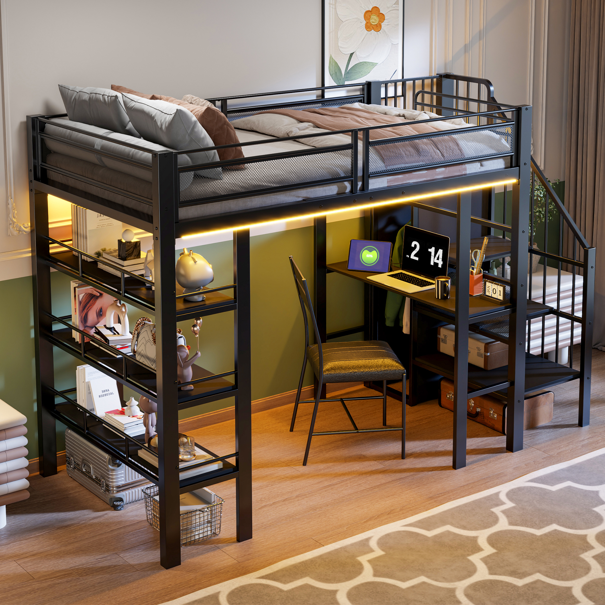 Stilvora Hochbett 90 X 200 Cm Mit Led, Steckdose, Schreibtisch, Regalen Und Kleiderschrank, Ohne Matratze, Aus Metall, Schwarz