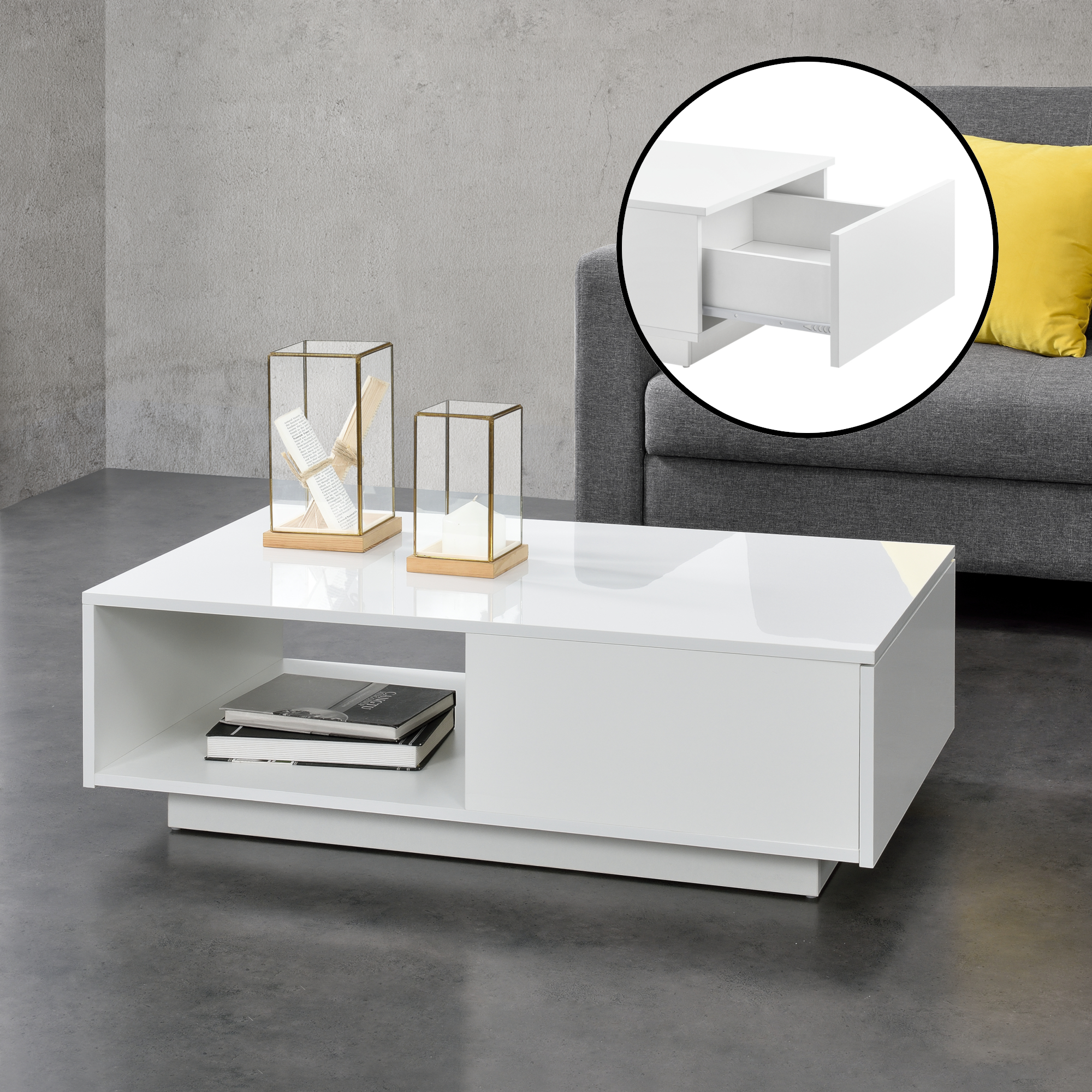 [en.casa] - Table Basse De Salon Biskra 95 X 55 X 31 Cm Blanc Brillant