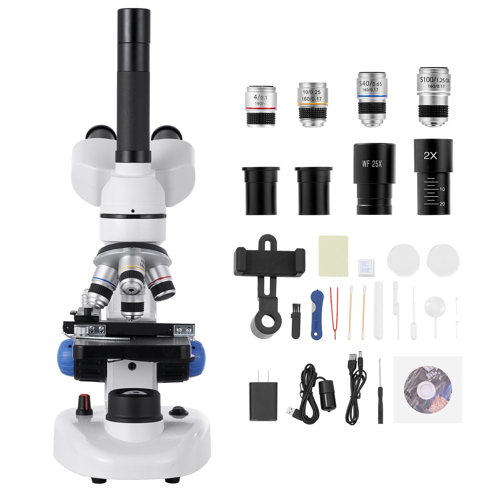 Microscope trinoculaire professionnel 40X-5000X en alliage d'aluminium, oculaires WF10X/WF25X et objectifs 4X/10X/40X, LED, lot avec lames préparées et support téléphone