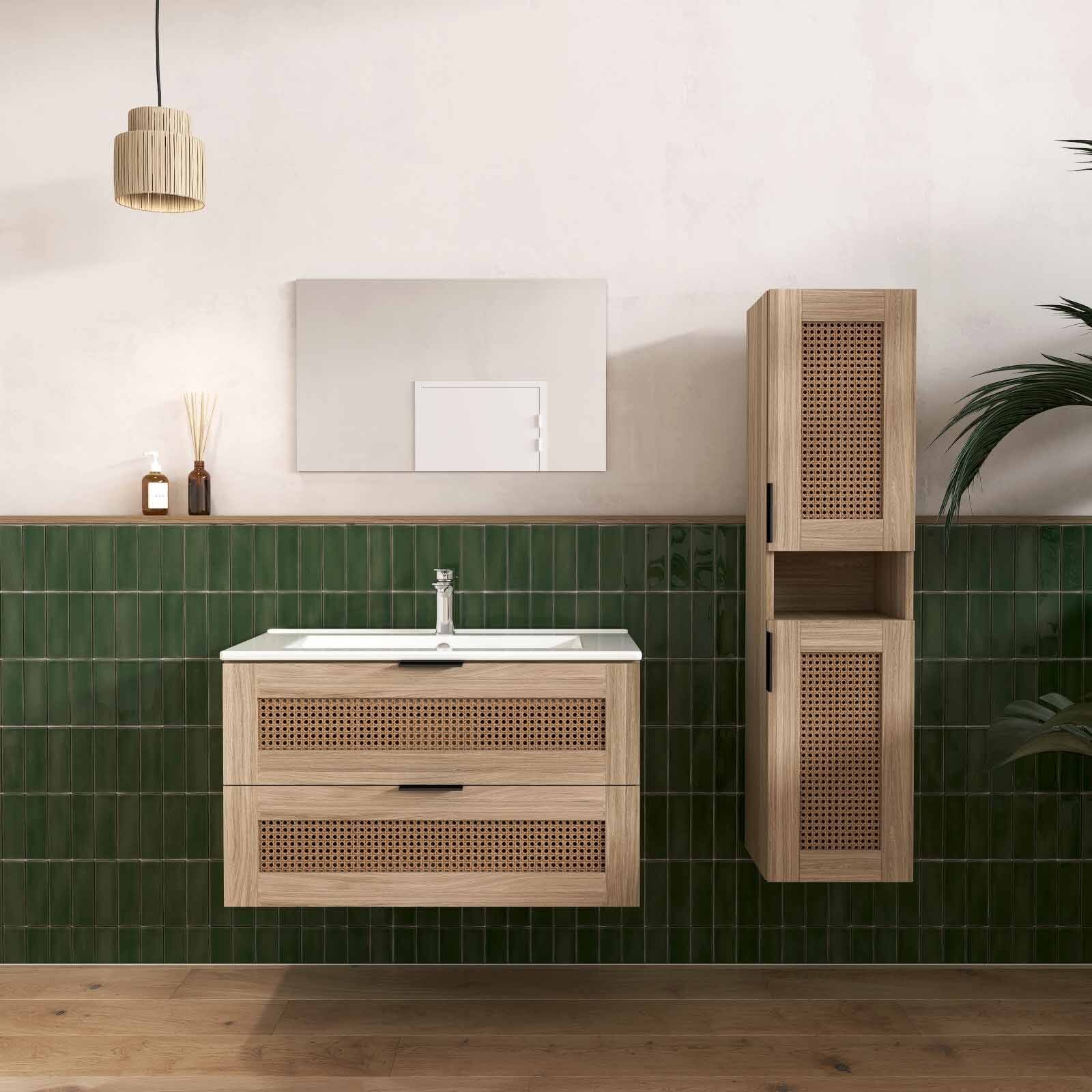 Ensemble Meuble De Salle De Bains 80 Cm Et Colonne - Decor Bois Et