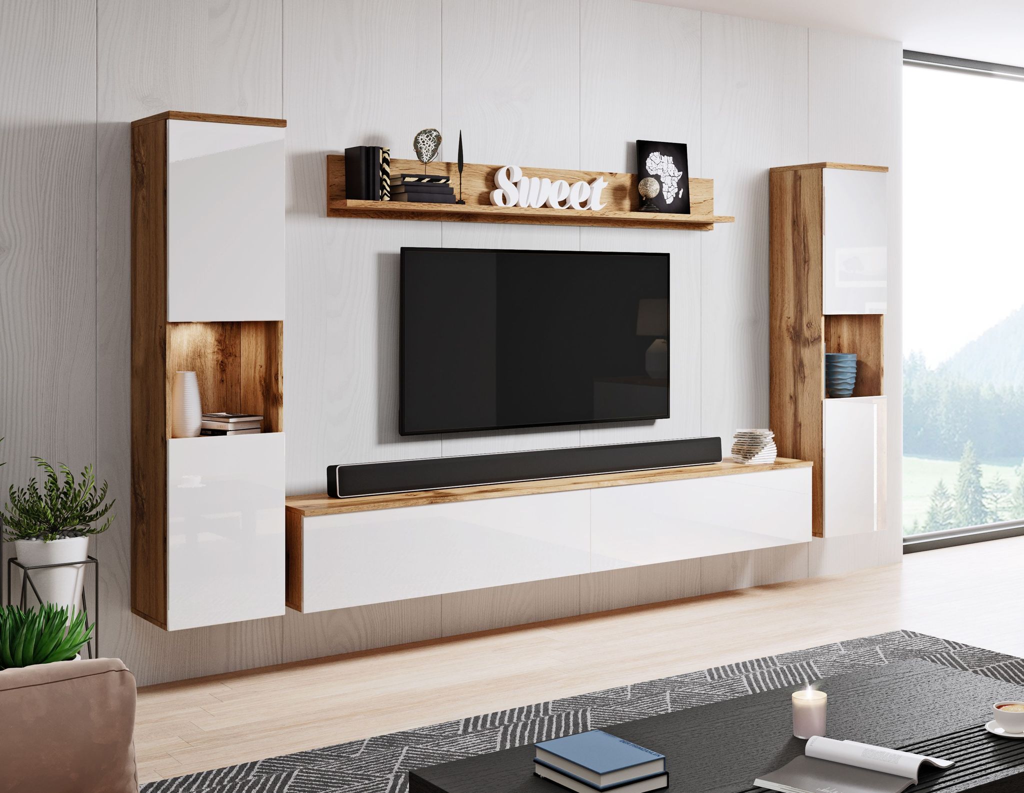 Bratex - Ensemble De Meubles De Salon Paris Xl, Éclairage Led Inclus, Jeu De Meubles De Salon, Meubles De Salon Modernes (wotan/blanc Brillant)