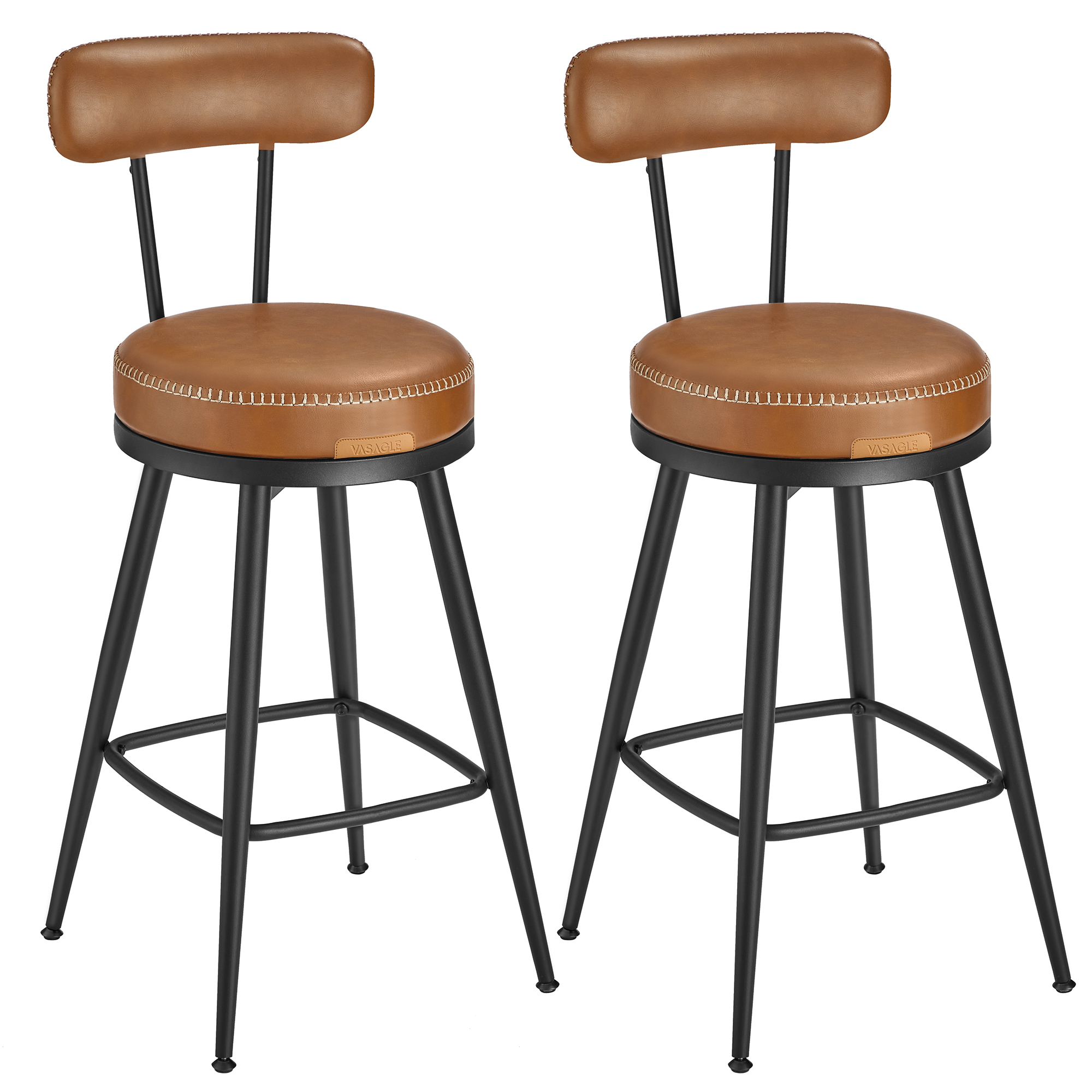 Vasagle - Ekho Collection - Tabouret De Bar, Lot De 2, Chaise De Cuisine, Siège Rembourré, Pu Avec Coutures, Style Moderne Mi-siècle, Hauteur 65 Cm, Pour Cuisine, Bar, Marron
