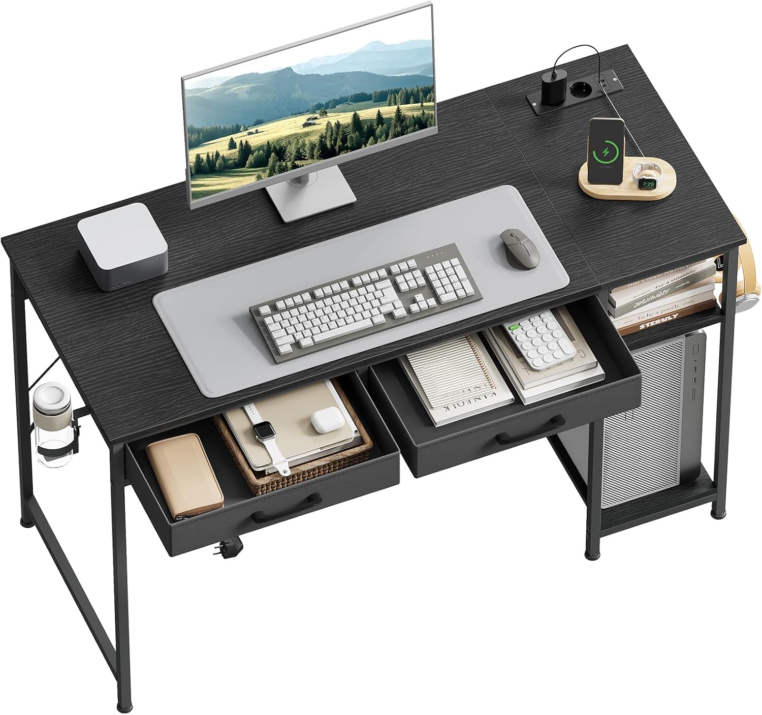 Woltu Bureau Gaming Avec 2 Tiroirs Et 2 Étagères, Bureau D'Ordinateur Avec Prises Usb Et Type-c, Porte-gobelet Et Crochet, 120x51x75 Cm, Noir