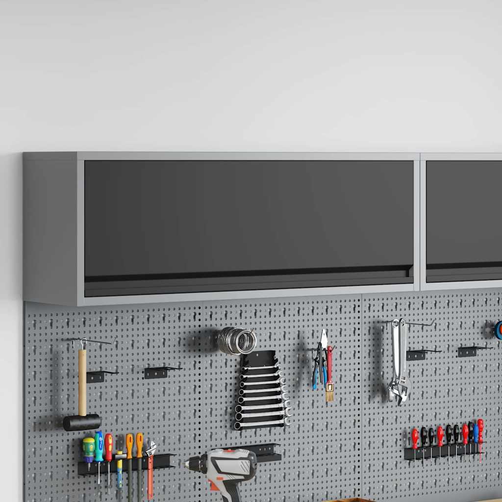 Armoire à outils en acier et bois d'ingénierie, rangement mural 100 cm, noir et gris