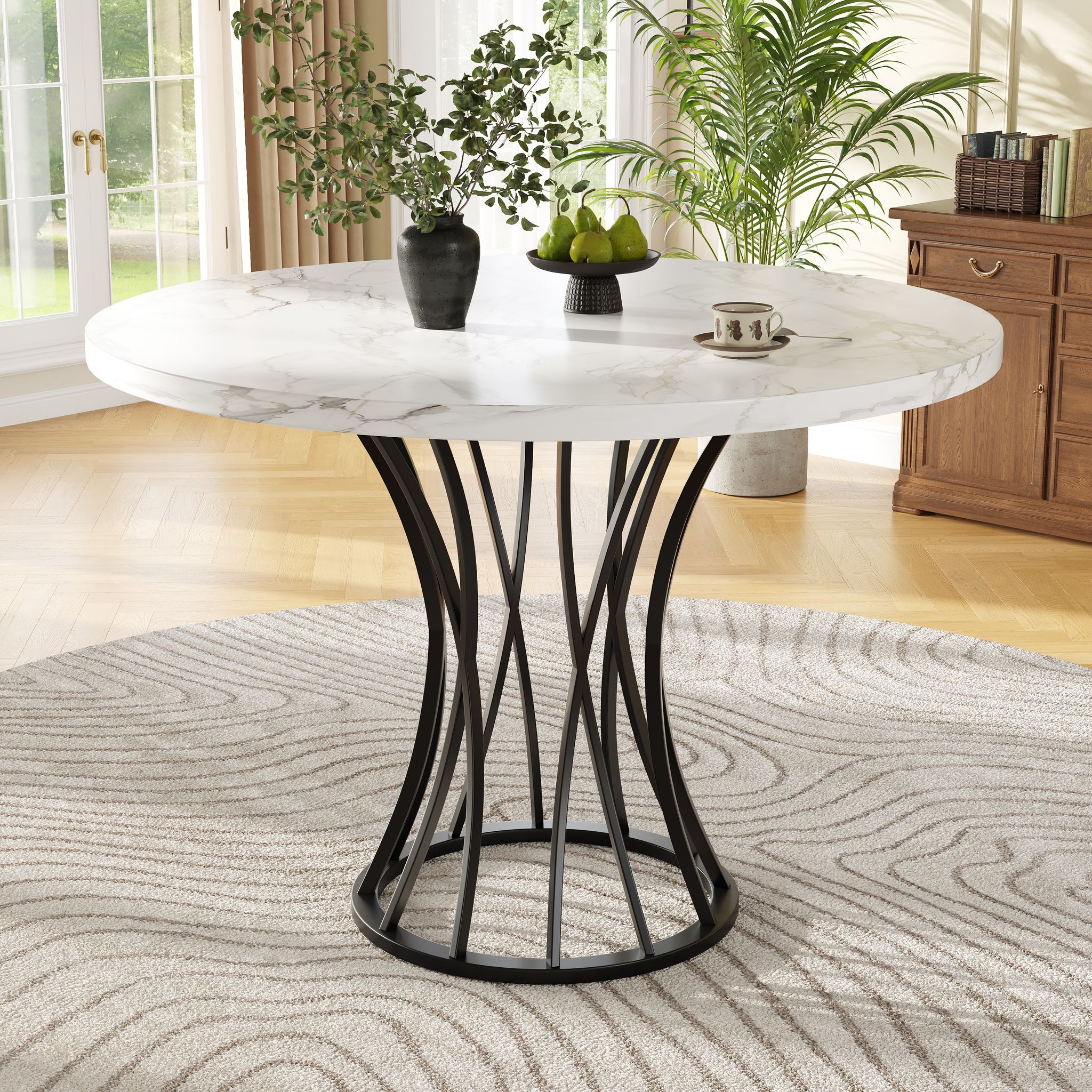 Table Ronde 80 Cm Effet Marbre Pieds Noirs Pour 4 Personnes Cuisine