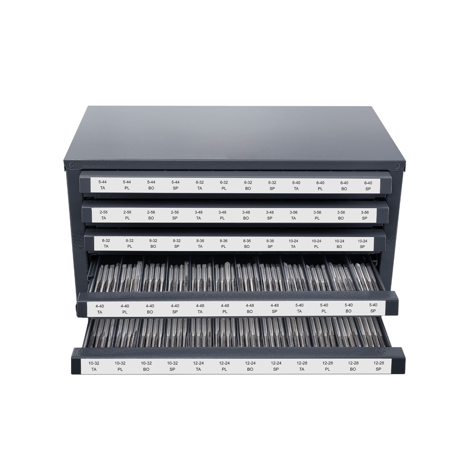 Armoire à tarauds 5 tiroirs, 60 compartiments étiquetés, acier laminé à froid, du #2-56 au #12-28