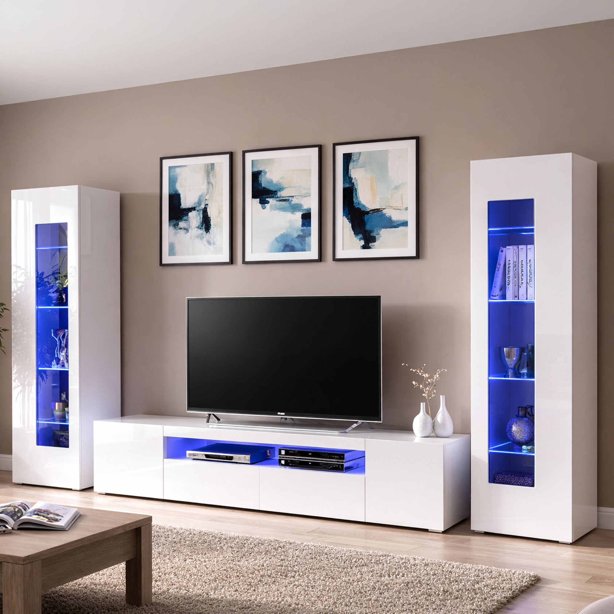 Dmora - Parete Attrezzata Da Soggiorno Modulare, Made In Italy, Base Porta Tv E Pensili, Set Salotto Moderno, Cm 300x40h162, Colore Bianco Lucido, Con Luce Led Blu, Con Imballo Rinforzato