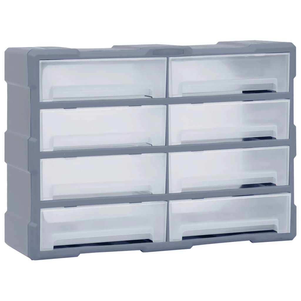 Organisateur 8 tiroirs en polypropylène gris, 52 x 16 x 37 cm, tiroirs transparents